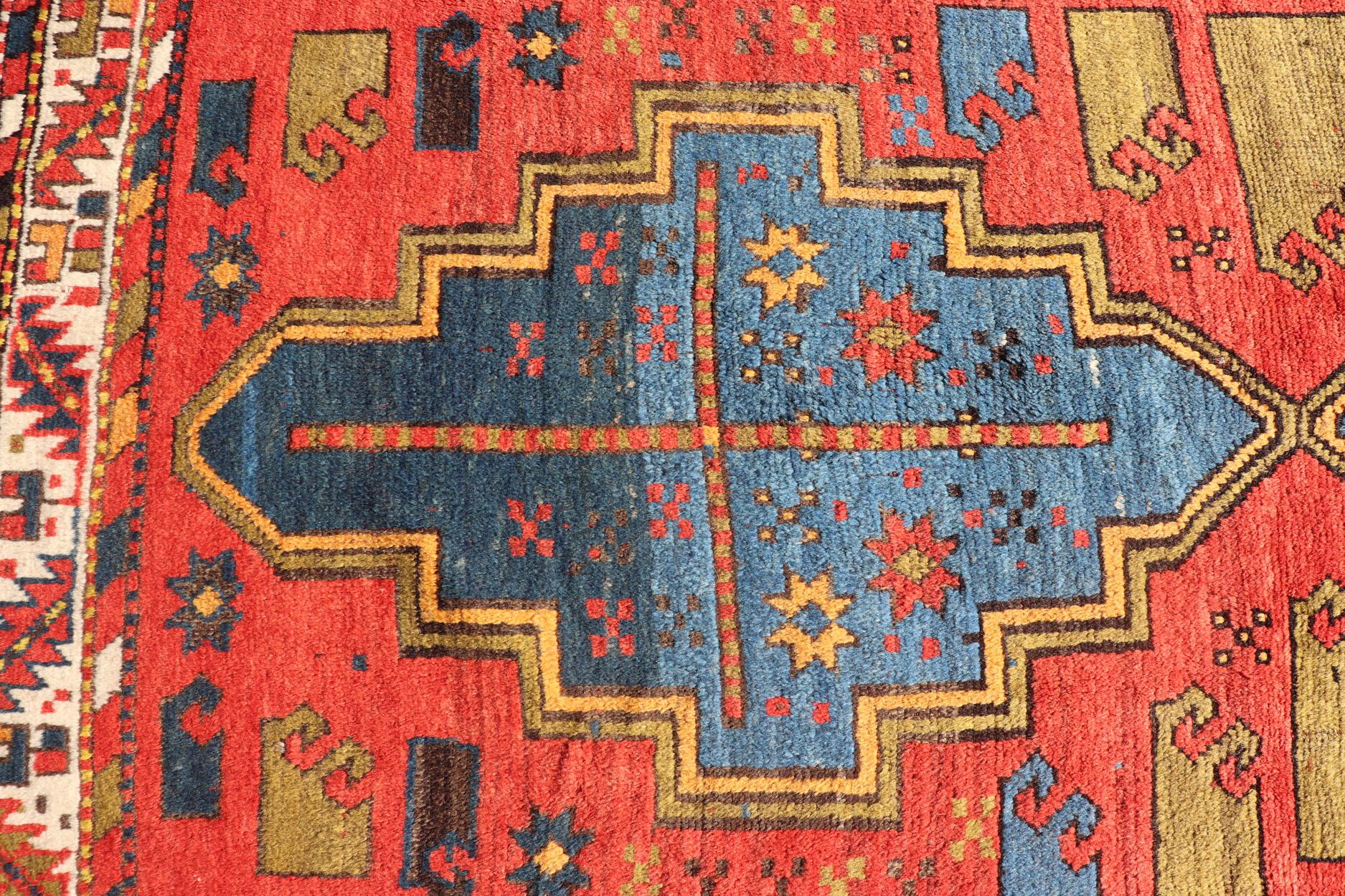 Antique Caucasian Kazak Rug with Tribal Geometric Medallion in Vivid Colors 5