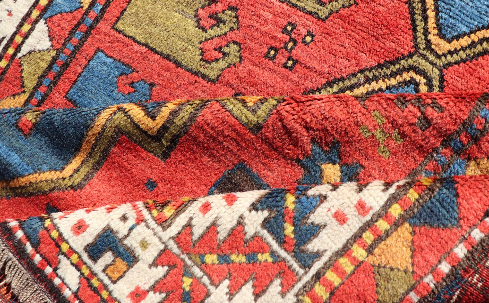 Antique Caucasian Kazak Rug with Tribal Geometric Medallion in Vivid Colors 6
