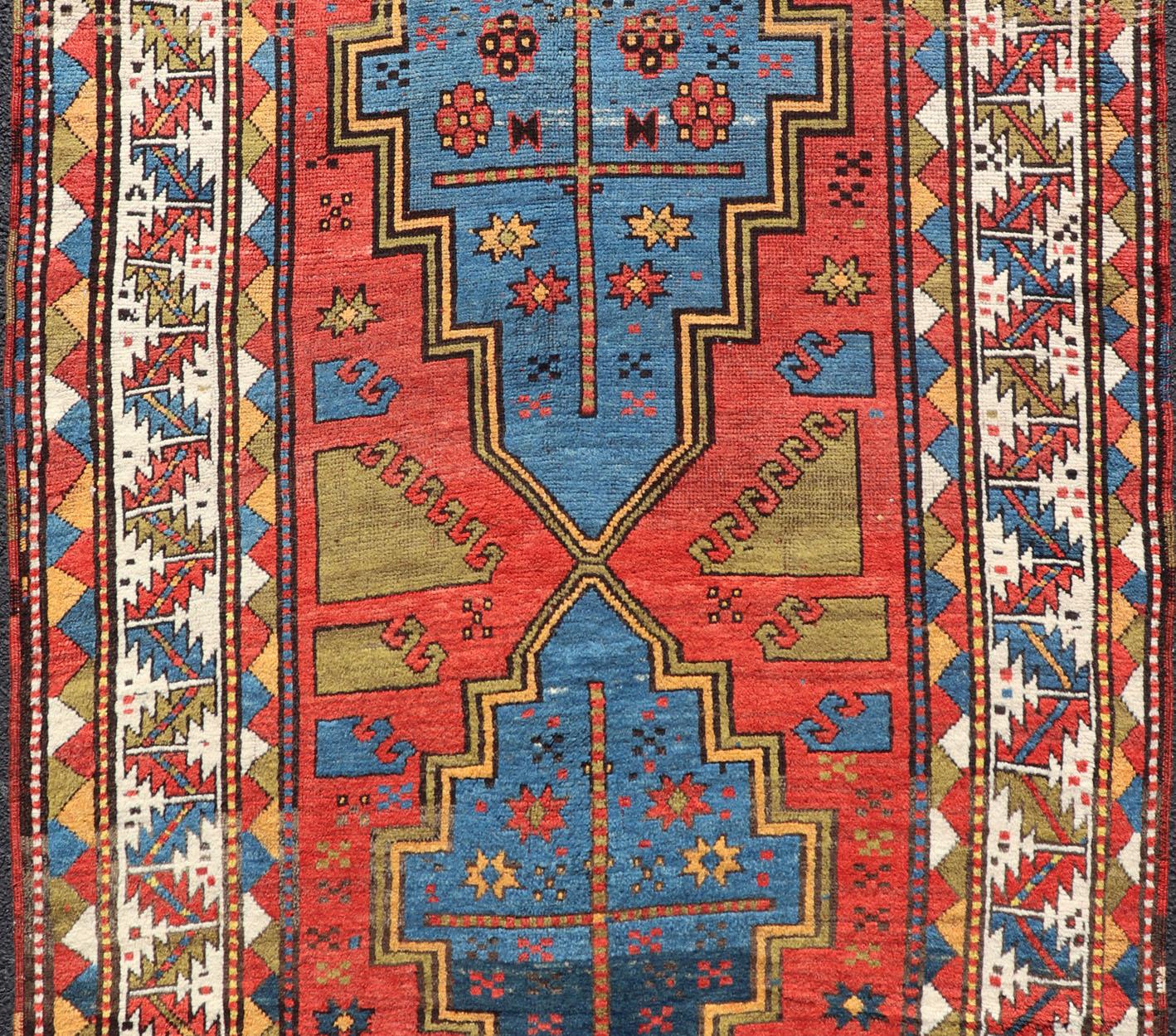 Antique Caucasian Kazak Rug with Tribal Geometric Medallion in Vivid Colors In Good Condition In Atlanta, GA