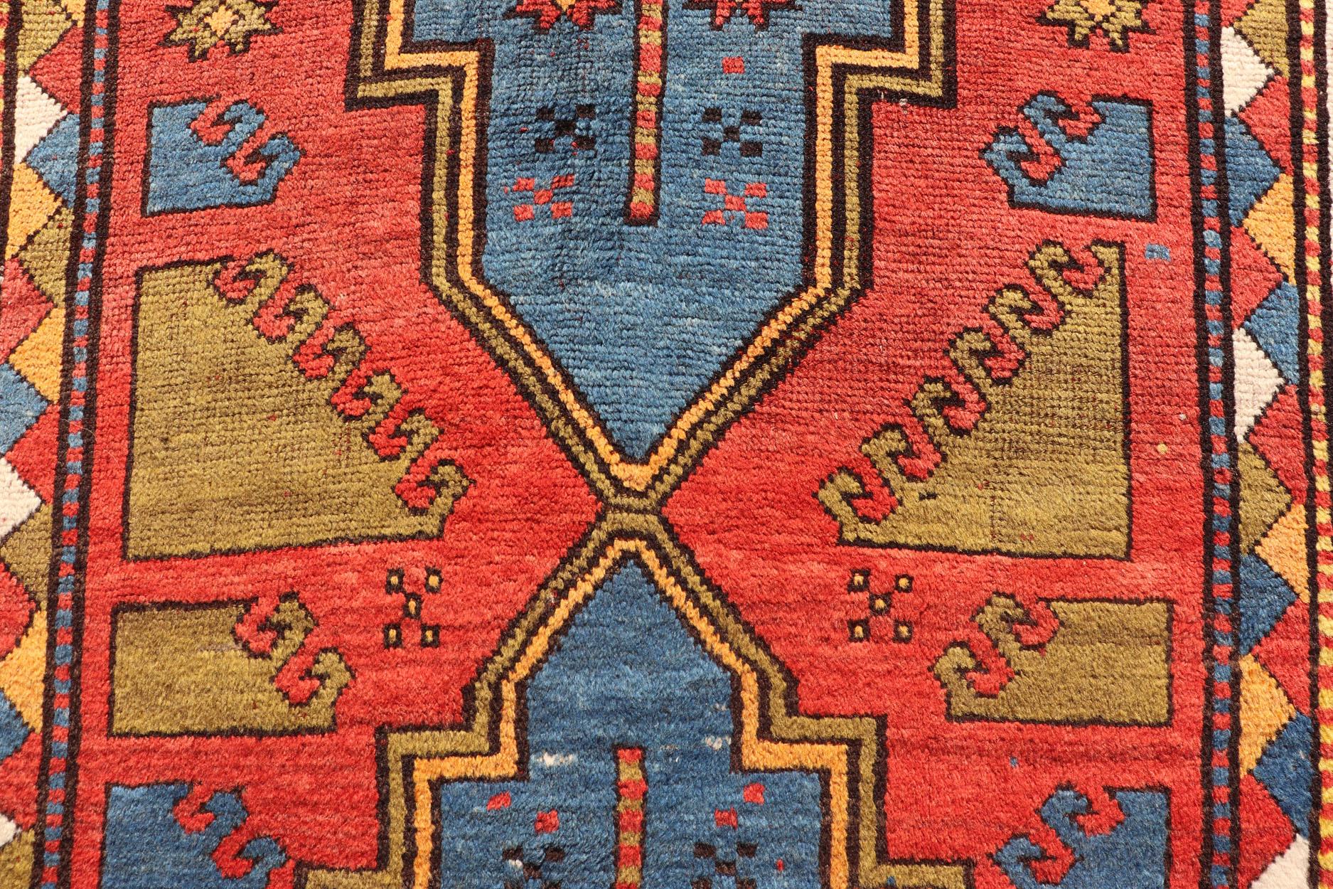 Antique Caucasian Kazak Rug with Tribal Geometric Medallion in Vivid Colors 2