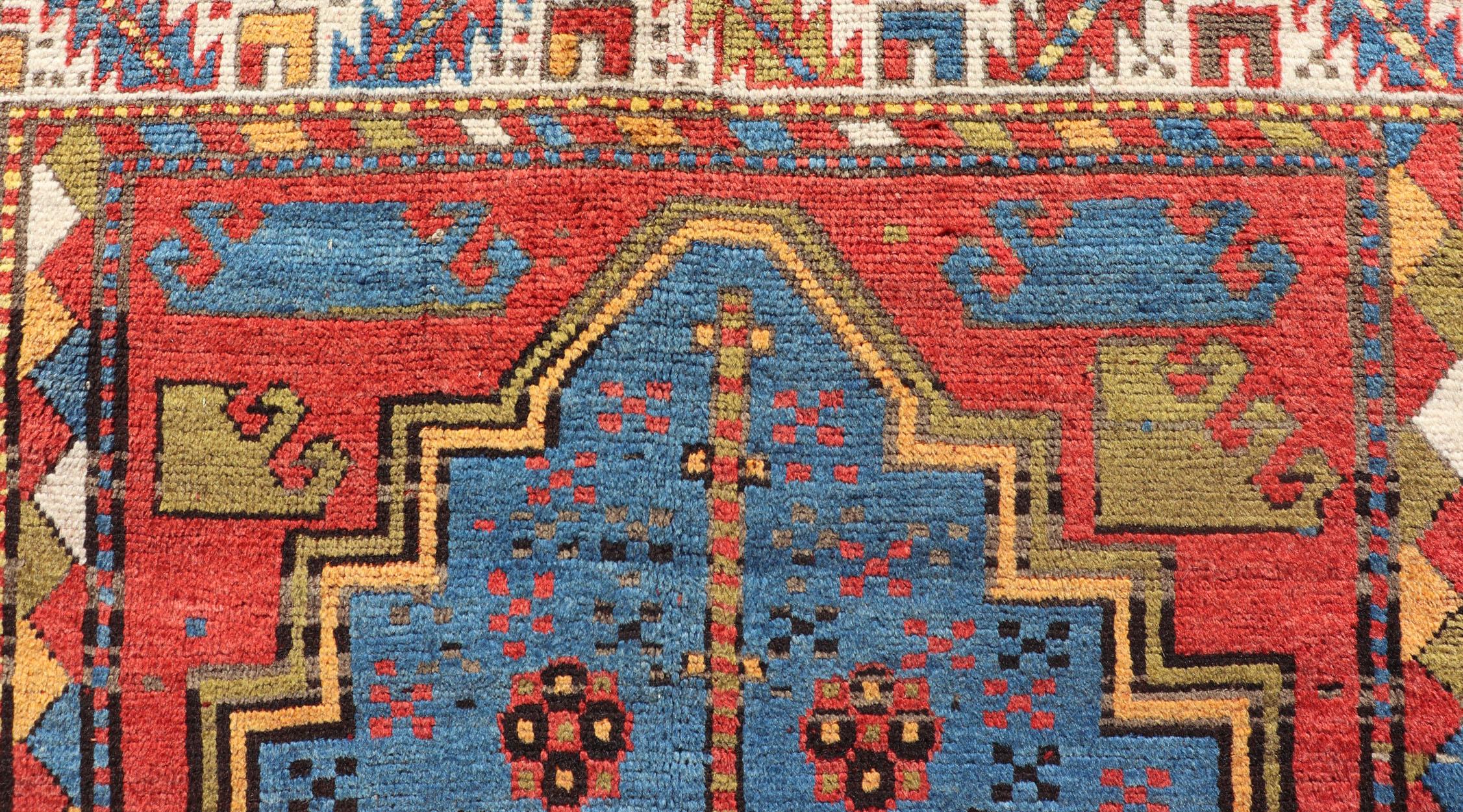 Antique Caucasian Kazak Rug with Tribal Geometric Medallion in Vivid Colors 3