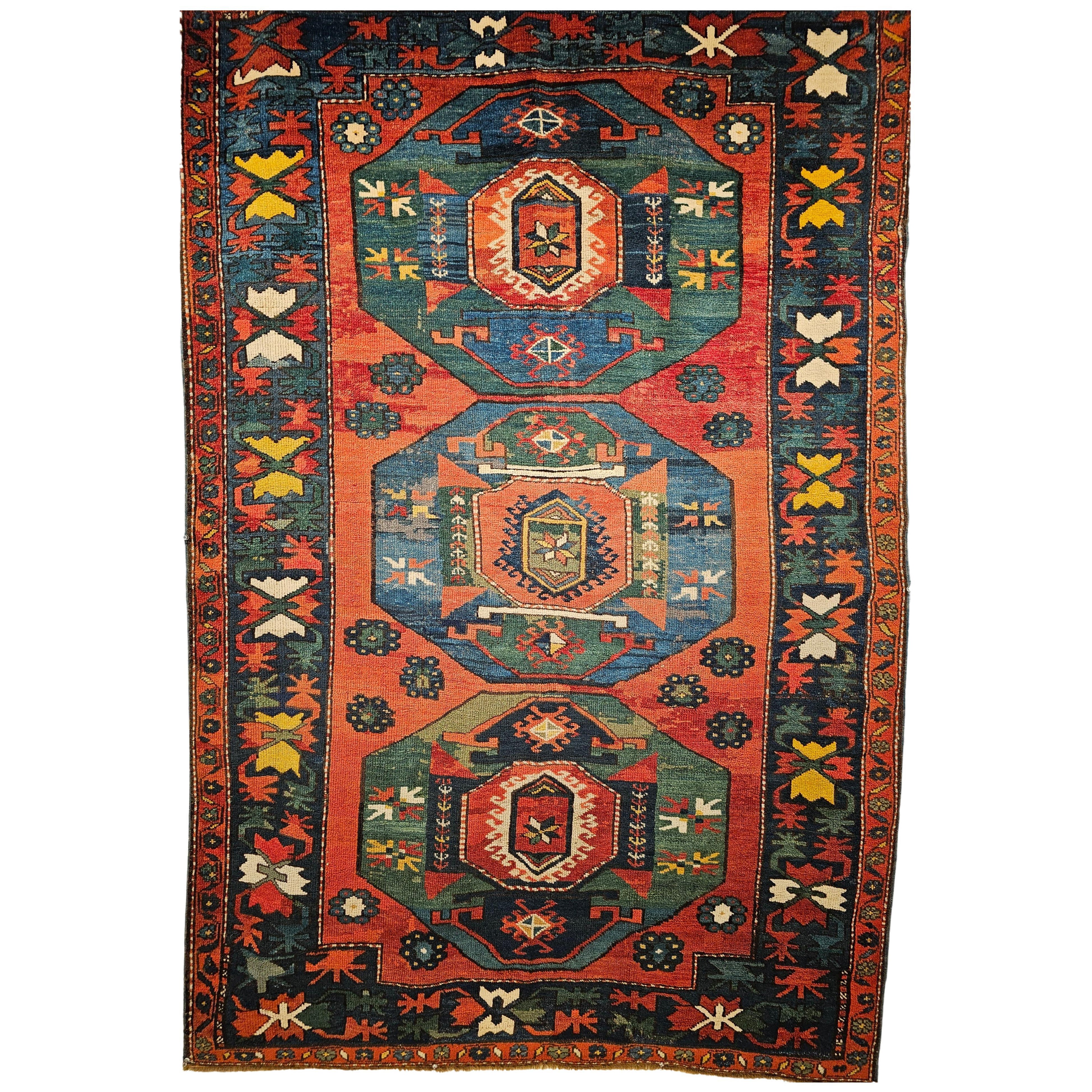 Tapis kazakh du Caucase ancien, à poils en laine noués à la main, motif géométrique, 5' x 7'