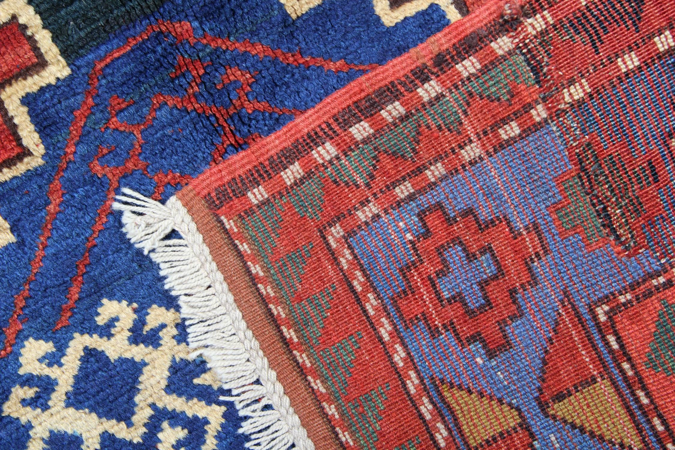 Antique Rugs Caucasian Kazak Rugs, Blue Geometric Hand made Carpet In Excellent Condition For Sale In Hampshire, GB