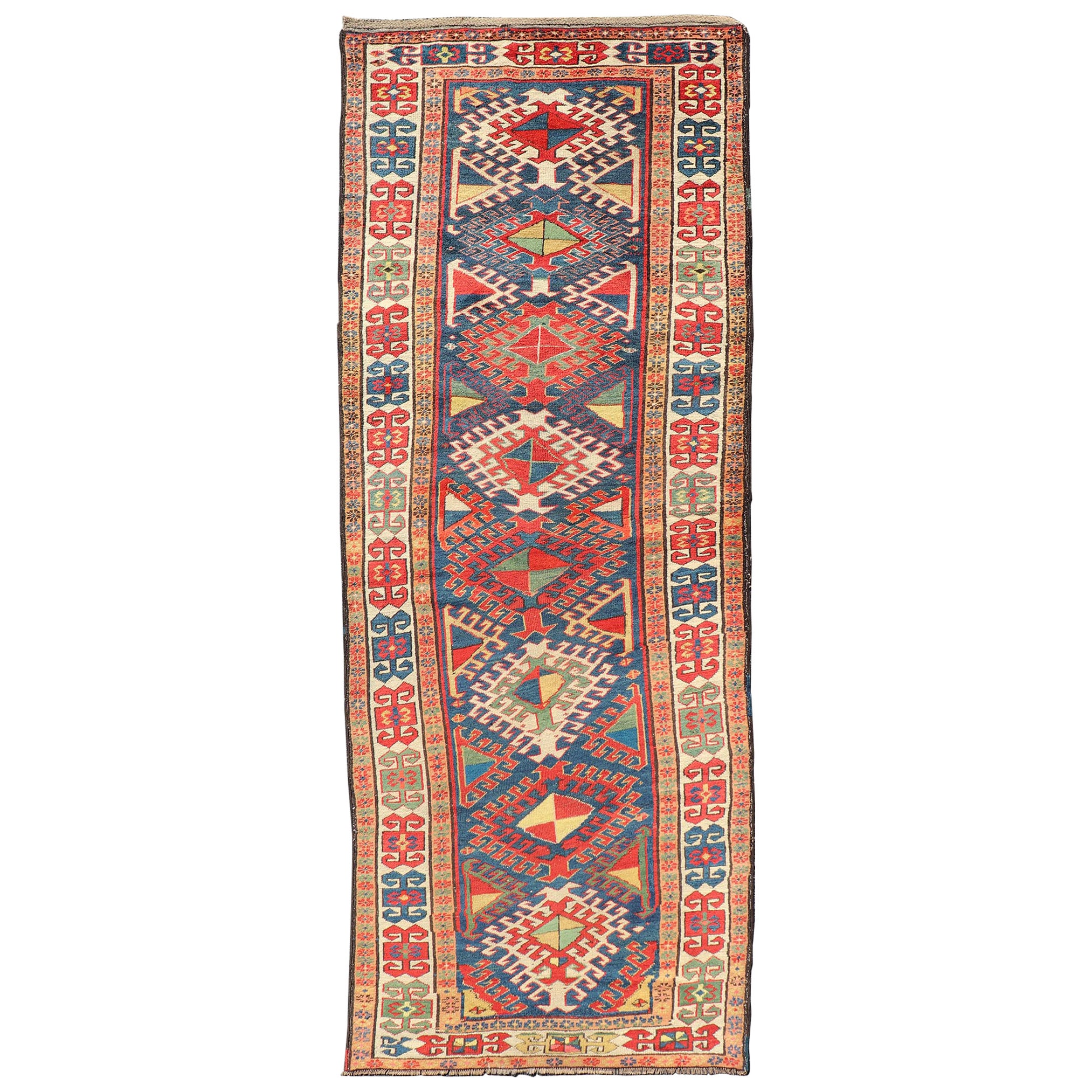 Antique Tapis de course caucasien Kazak à motifs de médaillons complexes 3'8 x 10'2 en vente