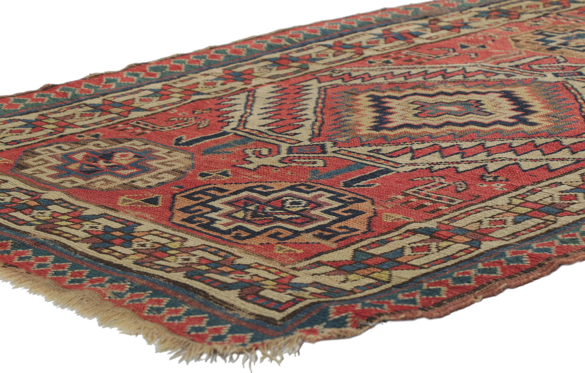 78225 antique Caucasian Kazak Runner, 03'05 x 11'10.
Rendered in variegated shades of red, blue, tan, brown, yellow, mauve, taupe, and light orange with other accent colors. Desirable Age Wear. Abrash. Hand-knotted wool. Made in Caucasus Region