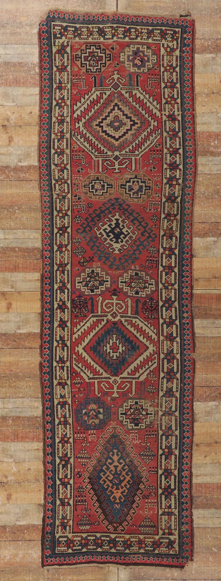 Antique Caucasian Kazak Runner In Distressed Condition For Sale In Dallas, TX