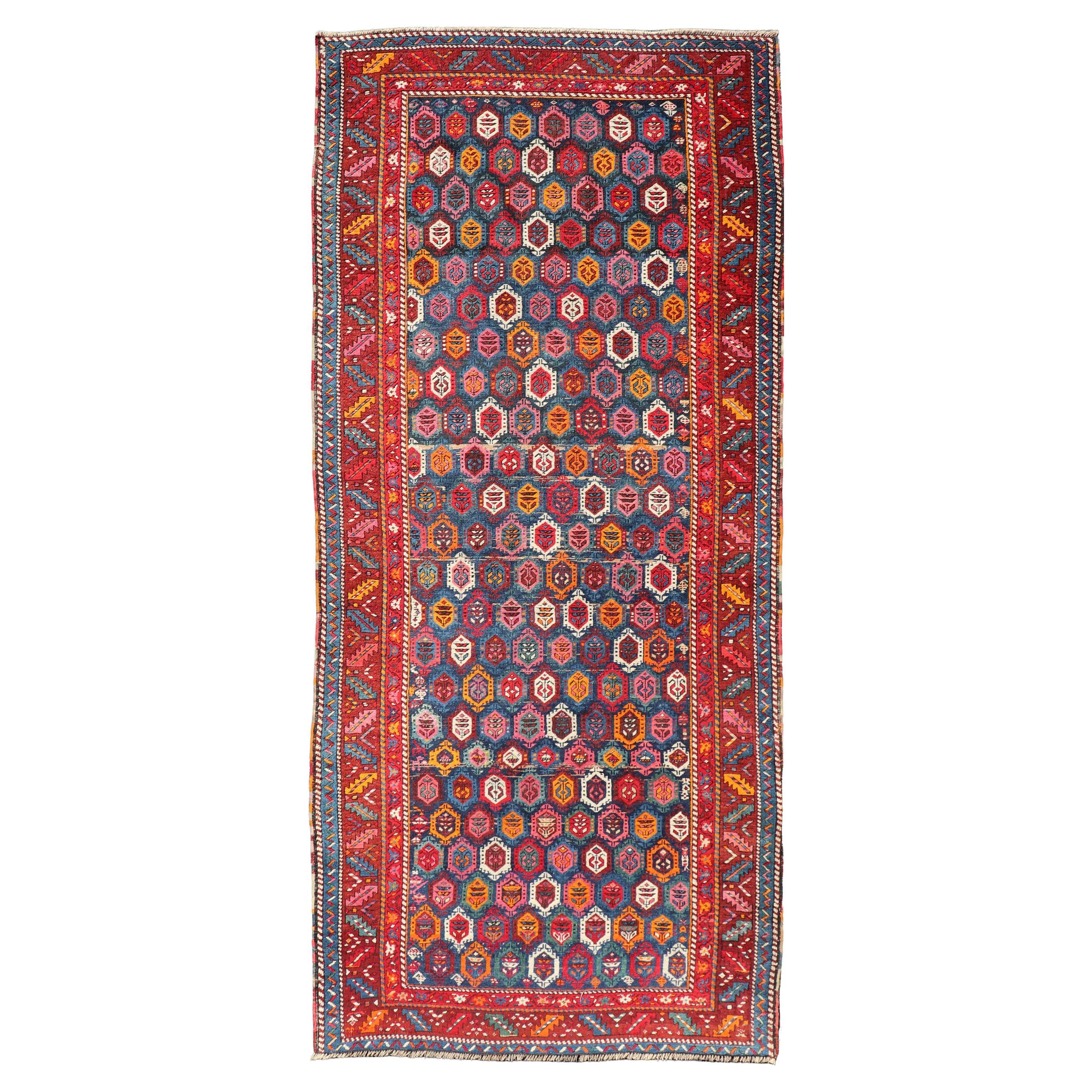 Antique Caucasian Kazak Runner with Intricate Geometric Motifs 4'0 x 9'0