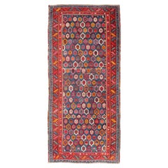 Antico runner kazako caucasico con intricati motivi geometrici 4'0 x 9'0