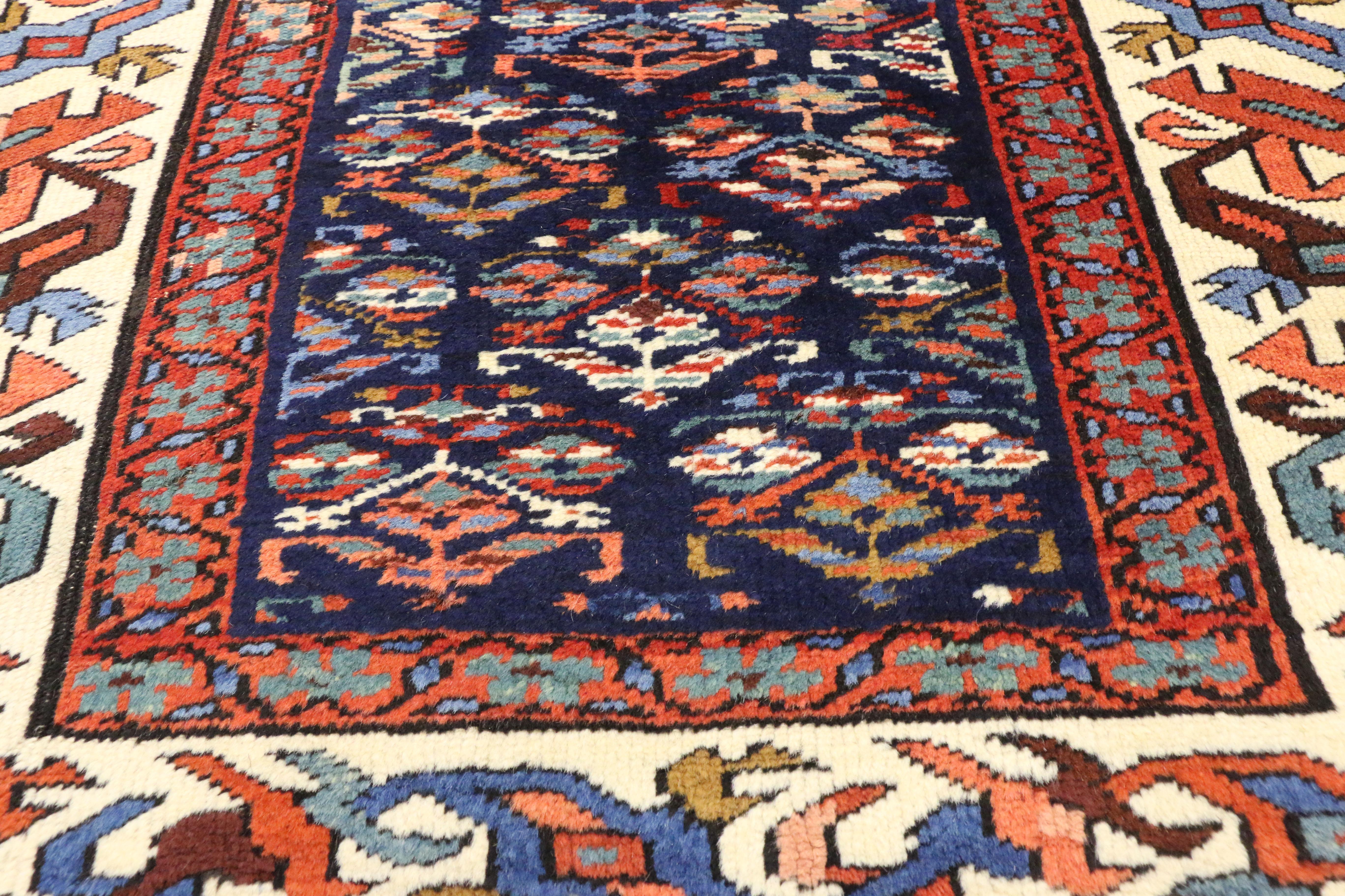 Hand-Knotted Antique Caucasian Kazak Tribal Runner, Hallway Runner For Sale