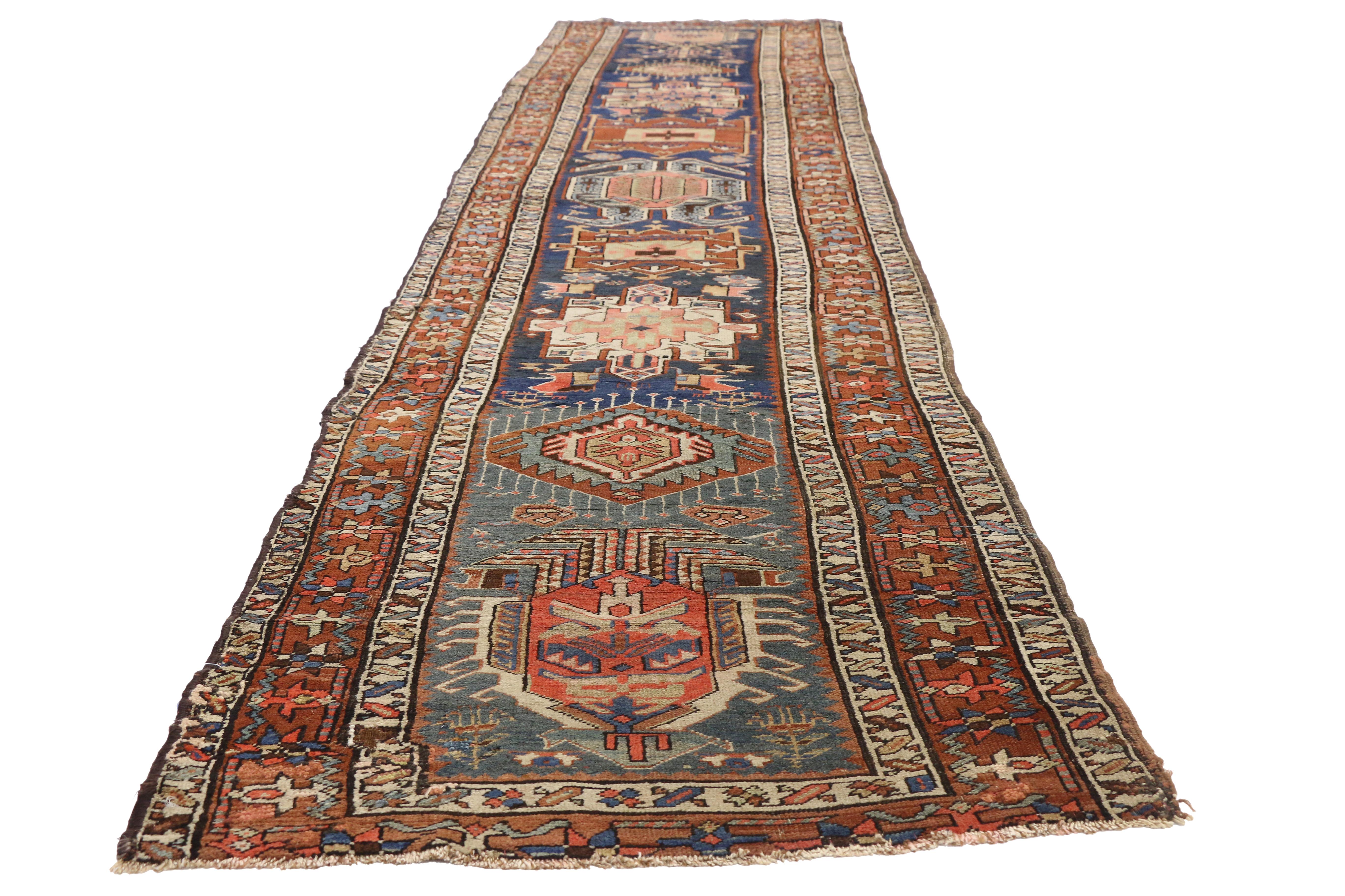 Hand-Knotted Antique Caucasian Kazak Tribal Runner with Lenkoran Amulet, Hallway Runner For Sale