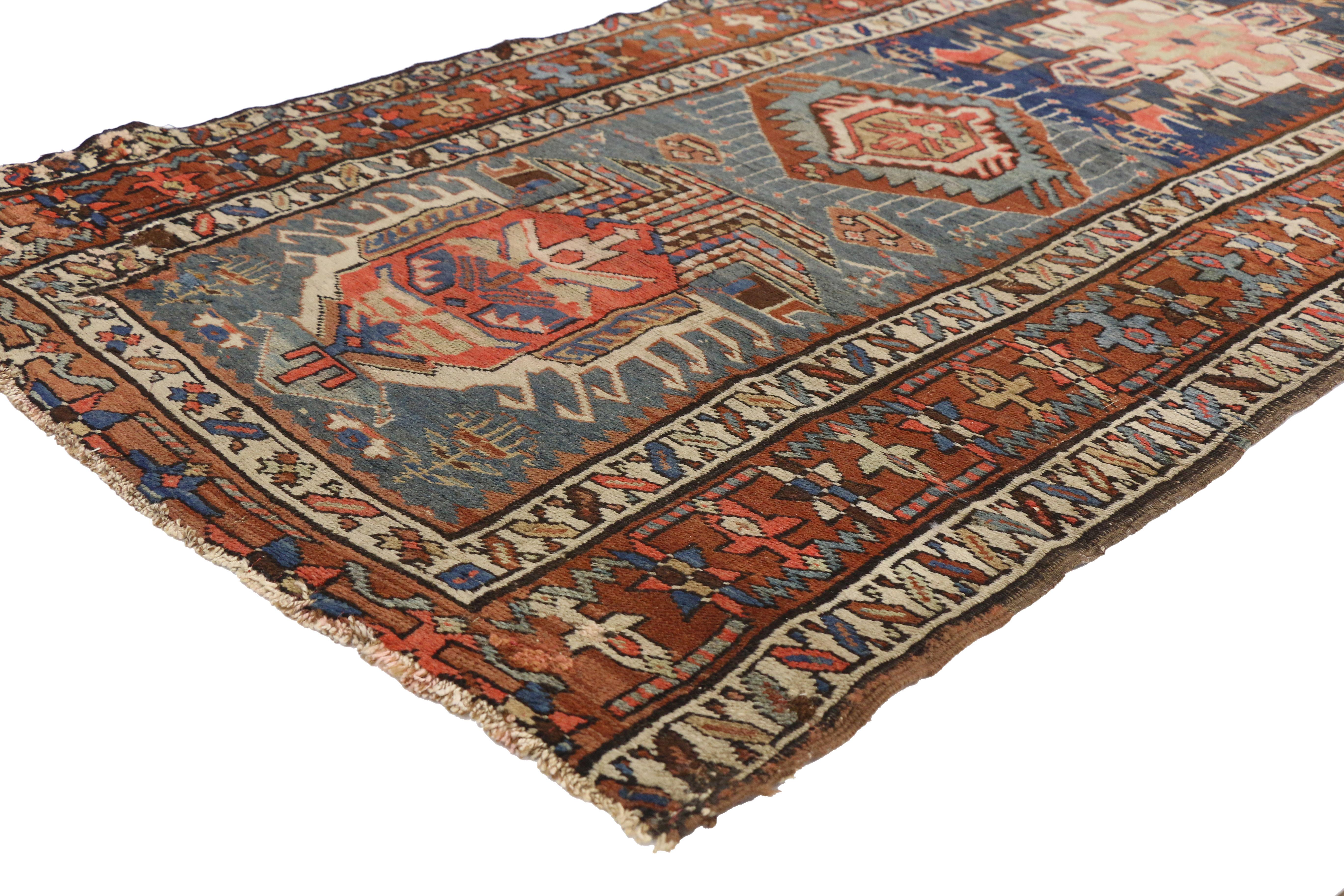 73247, antique Caucasian Kazak Tribal runner, hallway runner. The antique Caucasian runner communicates some of the finer and more important points of geometric design elements. Classically composed and displaying rich waves of abrash, this