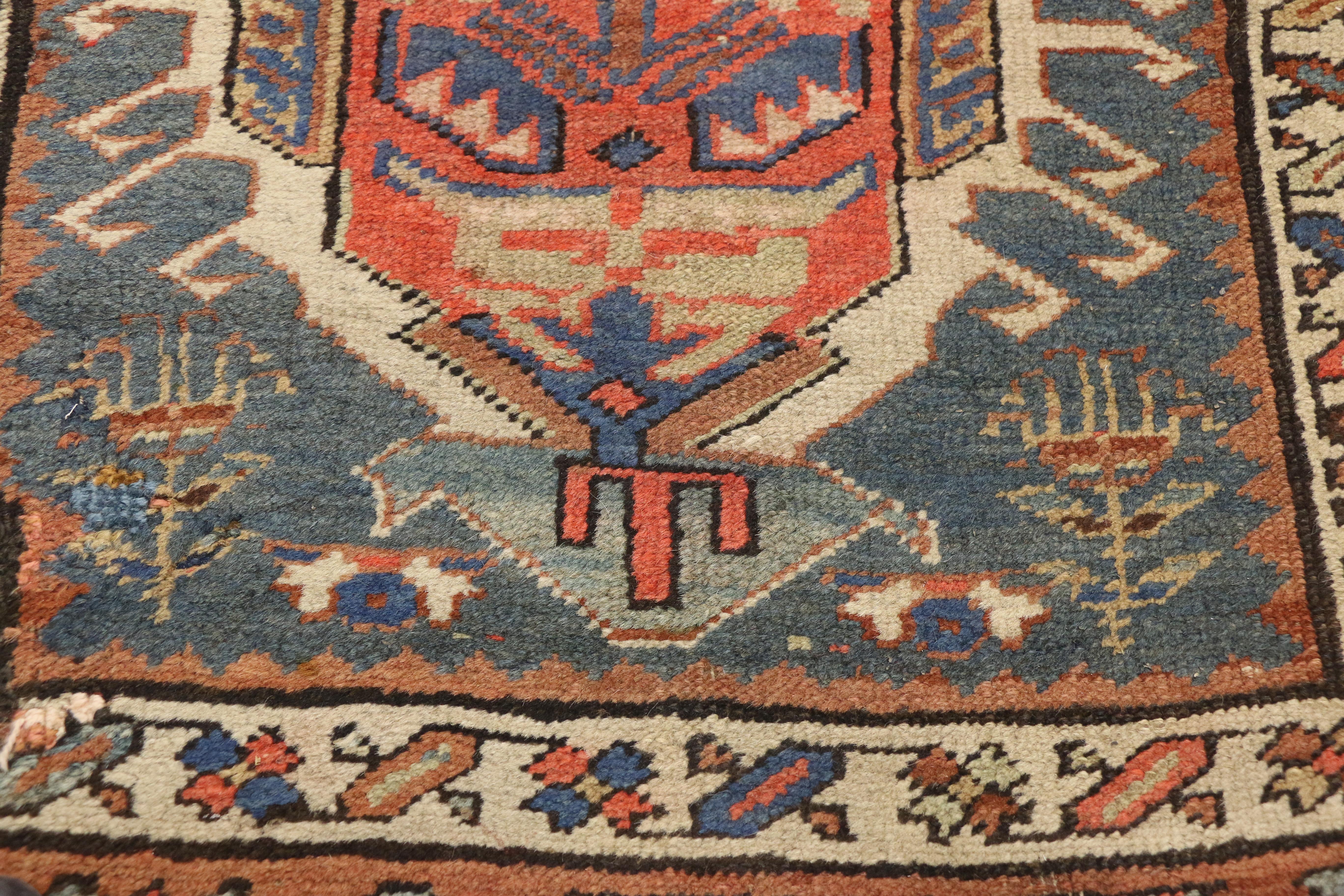 Wool Antique Caucasian Kazak Tribal Runner with Lenkoran Amulet, Hallway Runner For Sale