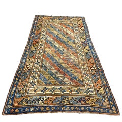 Antique Caucasian Kazak Wool 4x8 Ivory, Blue & Orange Handmade Gallery Rug