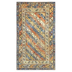 Antique Caucasian Kazak Wool 4x8 Ivory, Blue & Orange Handmade Gallery Rug