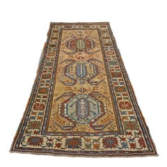 Antique Caucasian Kazak Wool 5x9 Ivory, Tan & Rust Handmade Area Rug