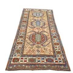 Antique Caucasian Kazak Wool 5x9 Ivory, Tan & Rust Handmade Area Rug