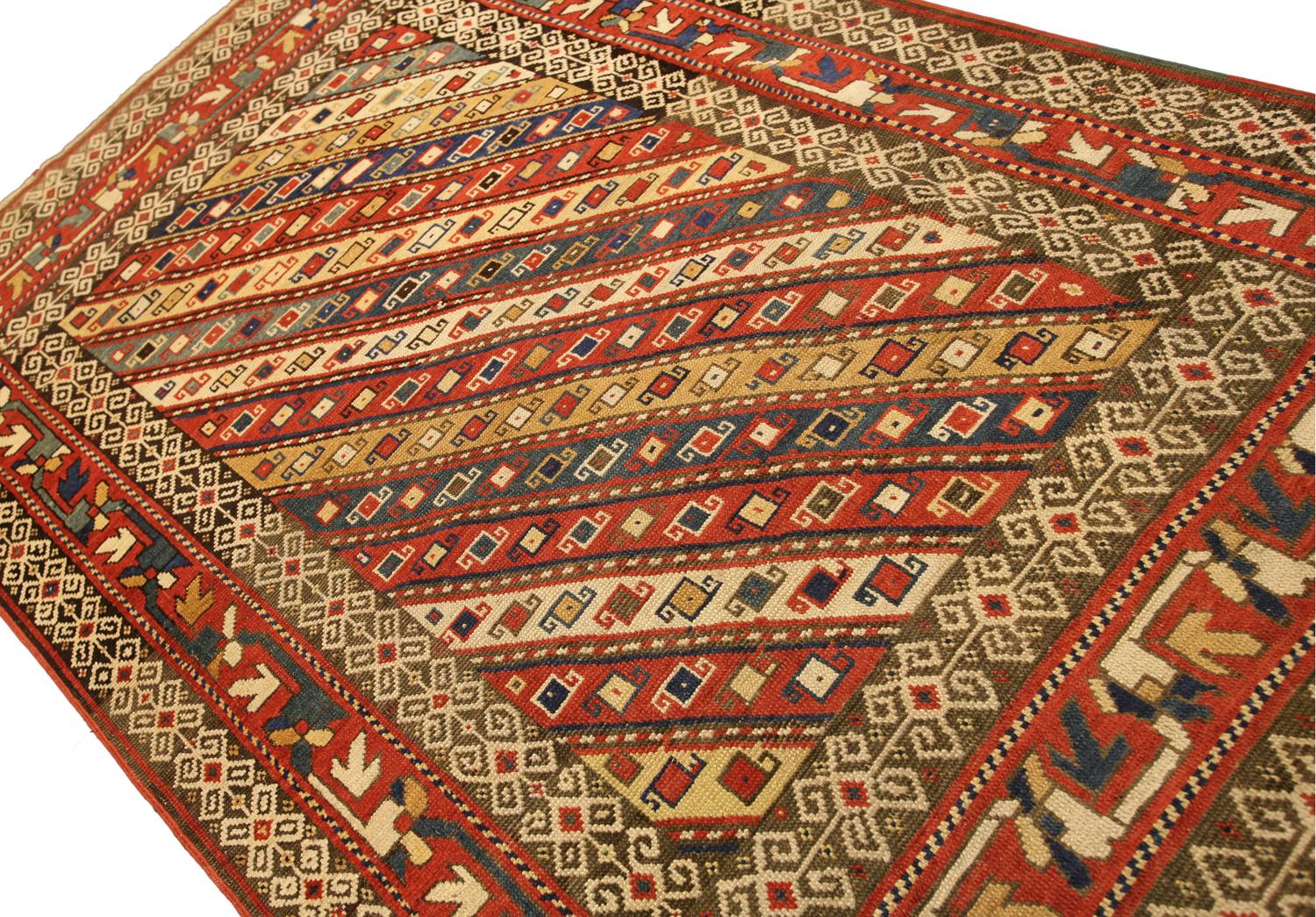 Hand-Knotted Antique Caucasian Kazak Wool Ganja Design with Diagonal Strips Rug, 1880-1900 For Sale