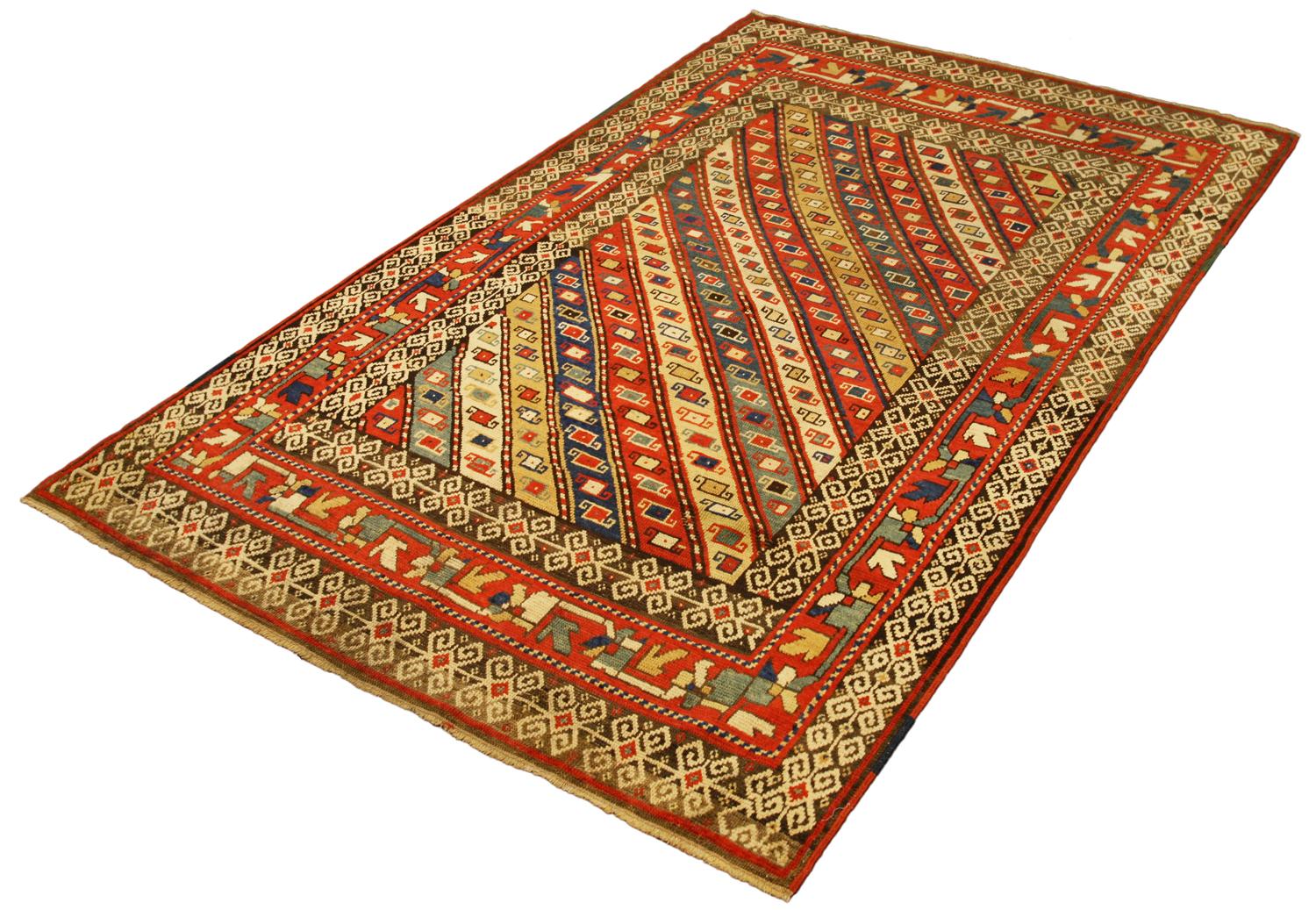 Antiker kaukasischer Ganja-Teppich aus Wolle mit diagonalen Streifen aus Kaschmir, 1880-1900 (Kaukasisch) im Angebot