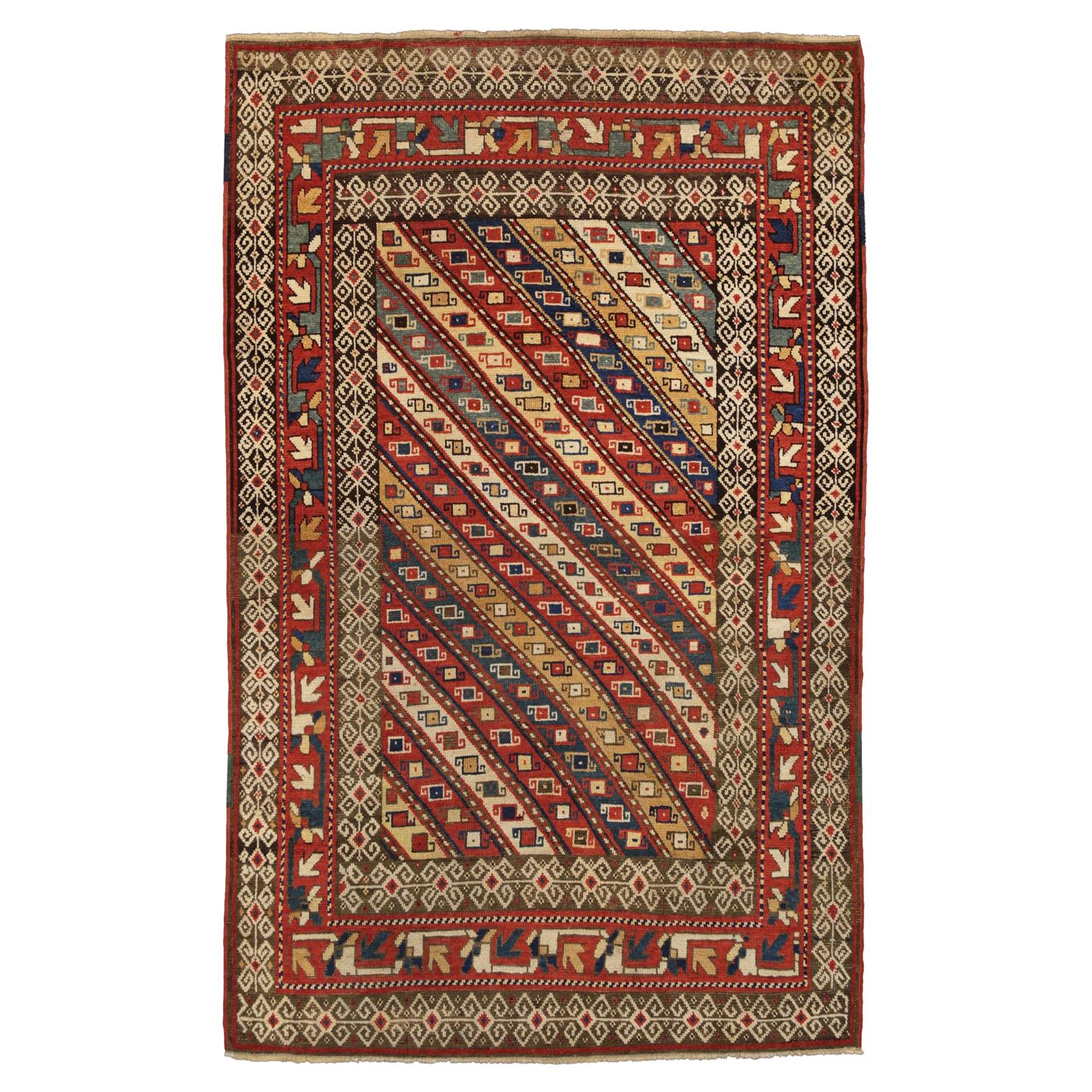 Antique Caucasian Kazak Wool Ganja Design with Diagonal Strips Rug, 1880-1900 For Sale