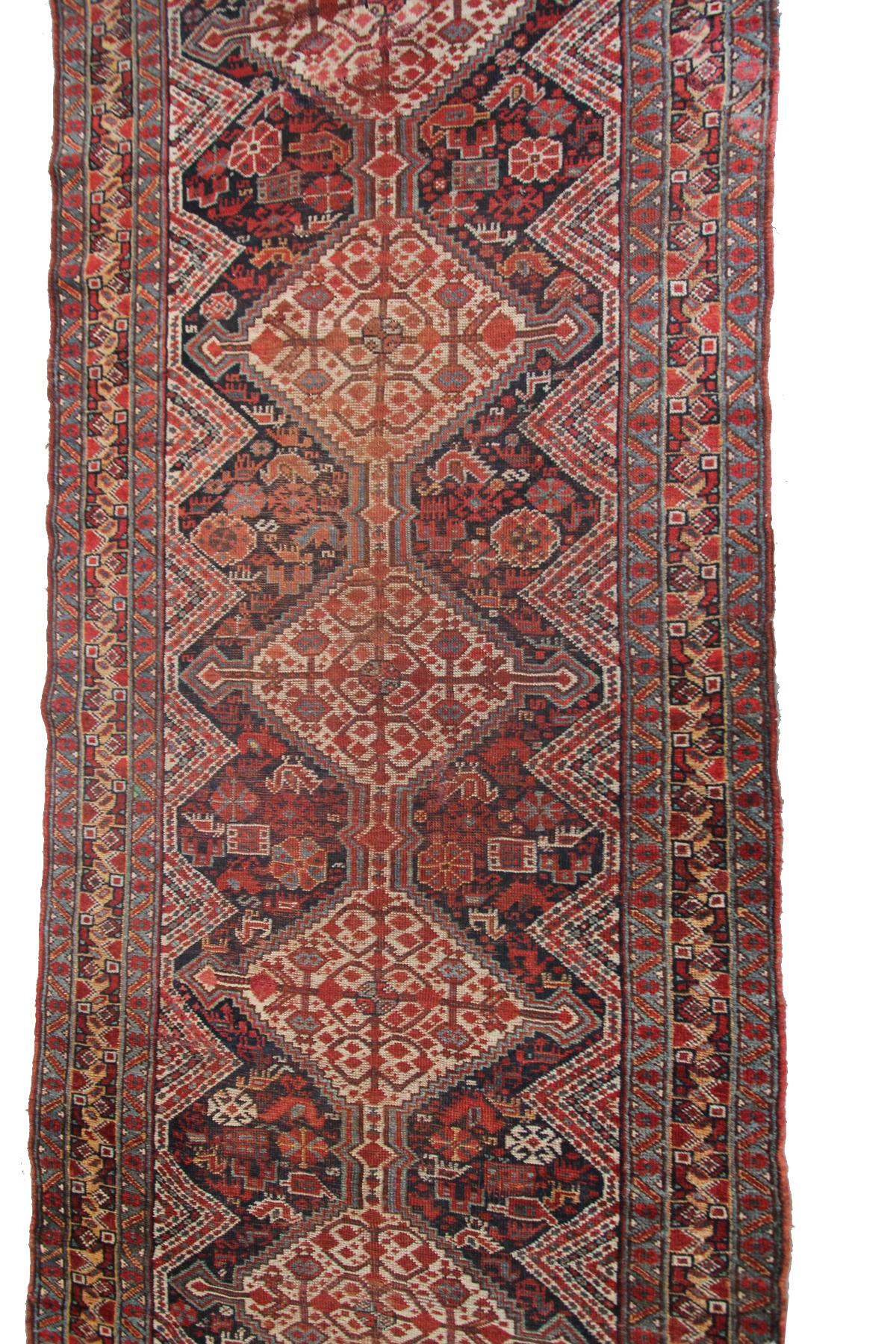 Late 19th Century Antique Caucasian Khamseh Caucasian Kazak Rug Runner Geometric, 1890 For Sale