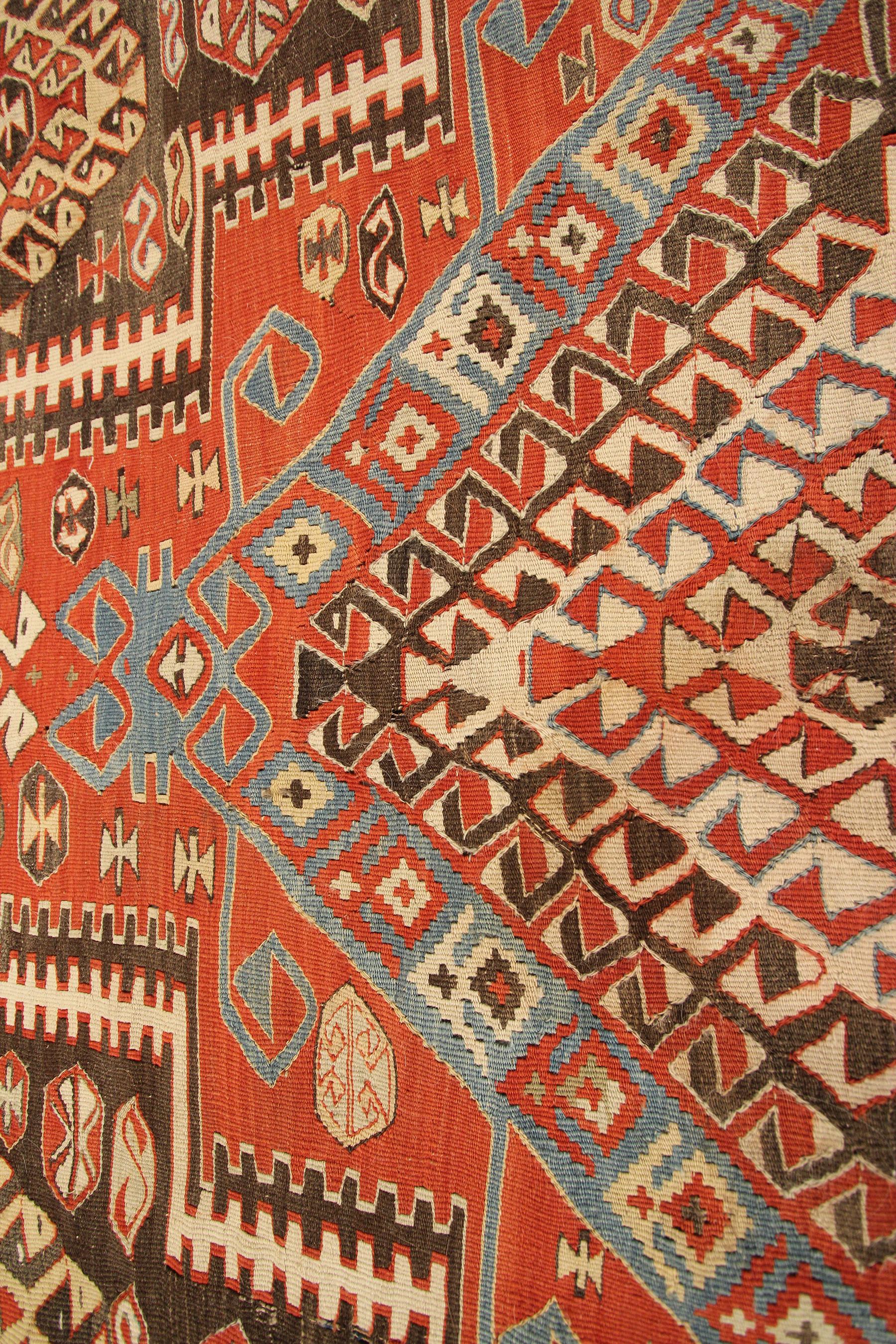Antique Caucasian Kilim Caucasian Kazak Flatwoven Square Tapestry 4