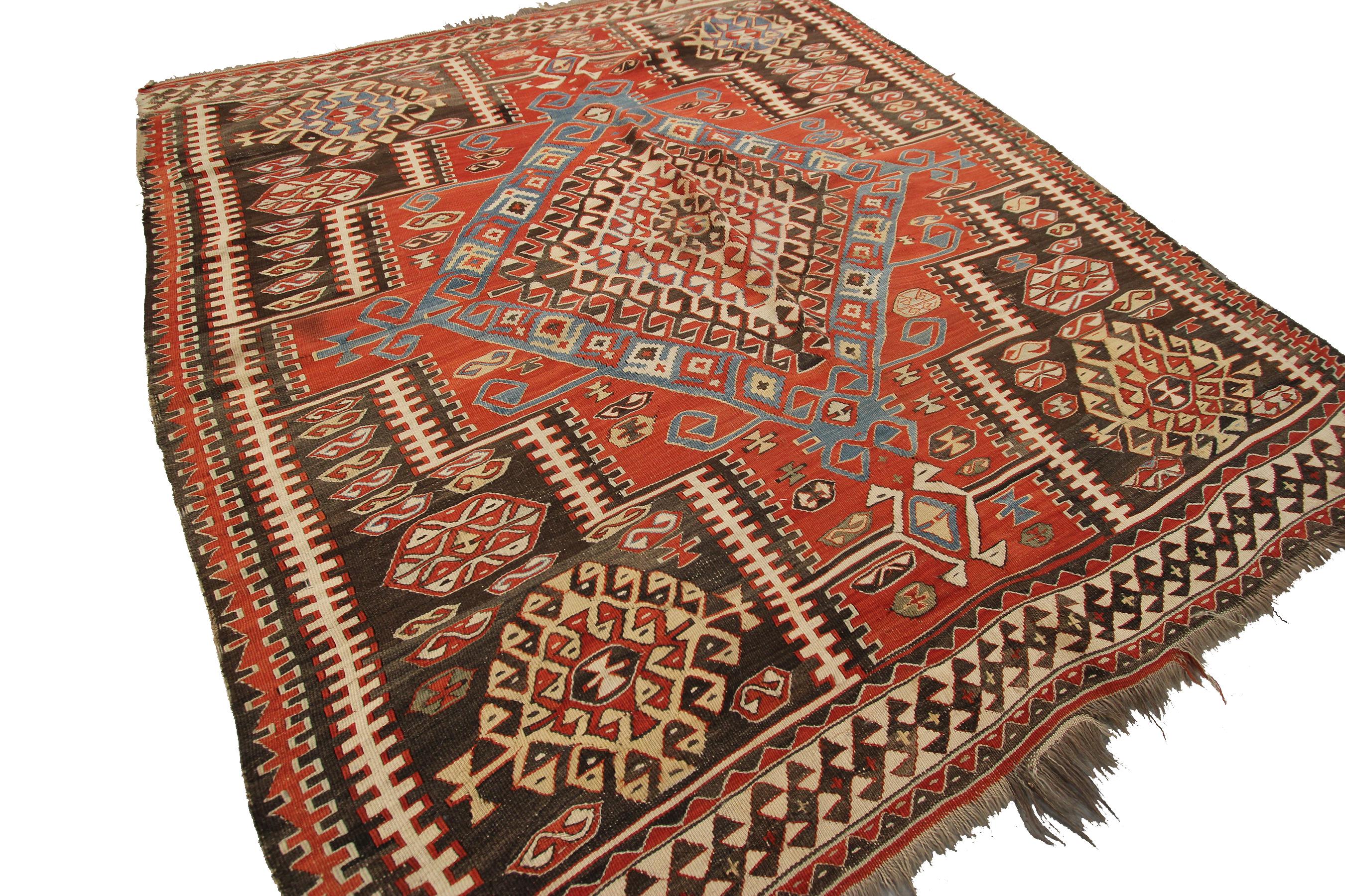 Antike kaukasische Kazak Kelim Teppich Fein flach gewebt Wandteppich Quadrat Kazak 5'2