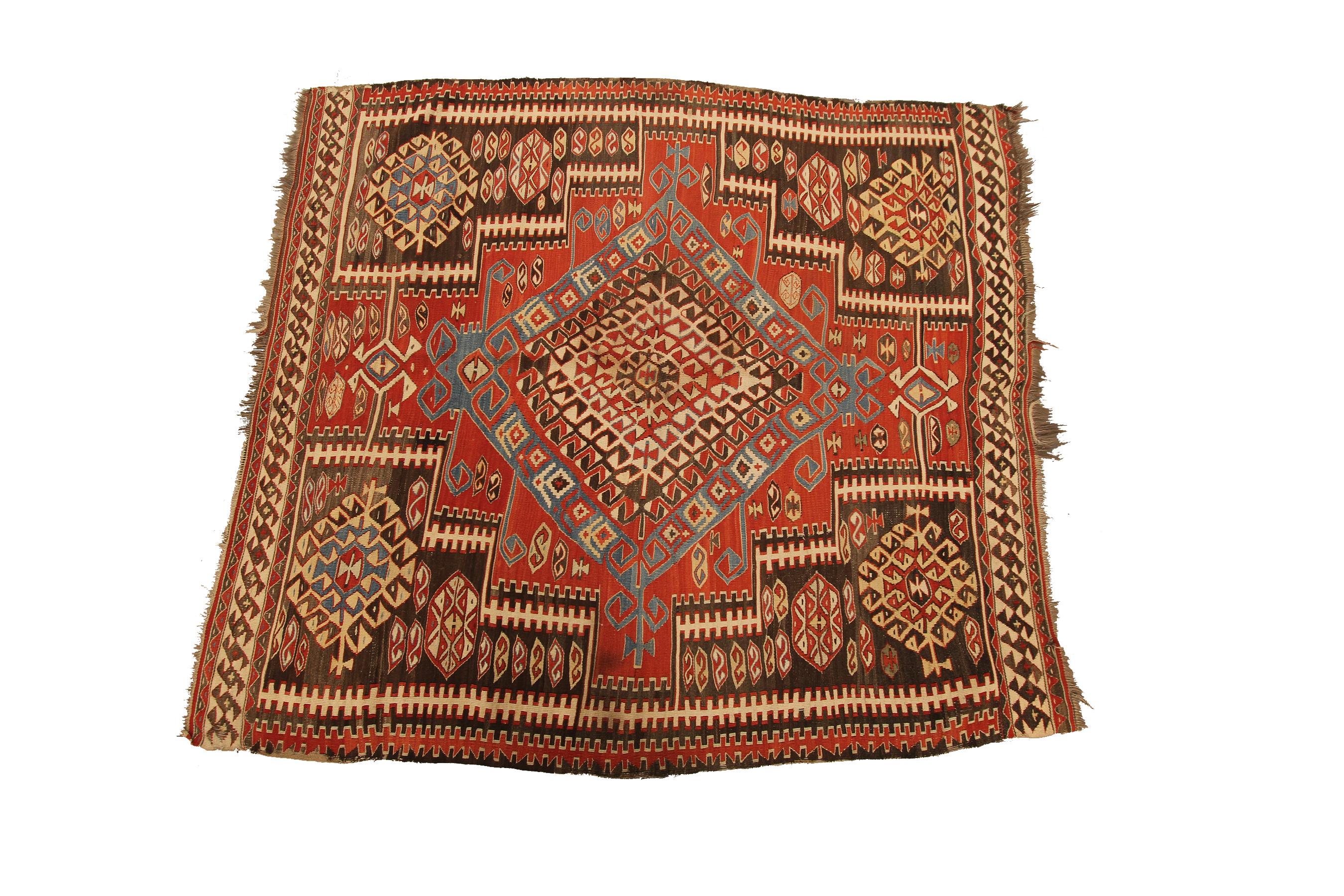 Antiker kaukasischer, flachgewebter, quadratischer Wandteppich aus Kelim, kaukasisch-kaukasisch (Handgeknüpft)