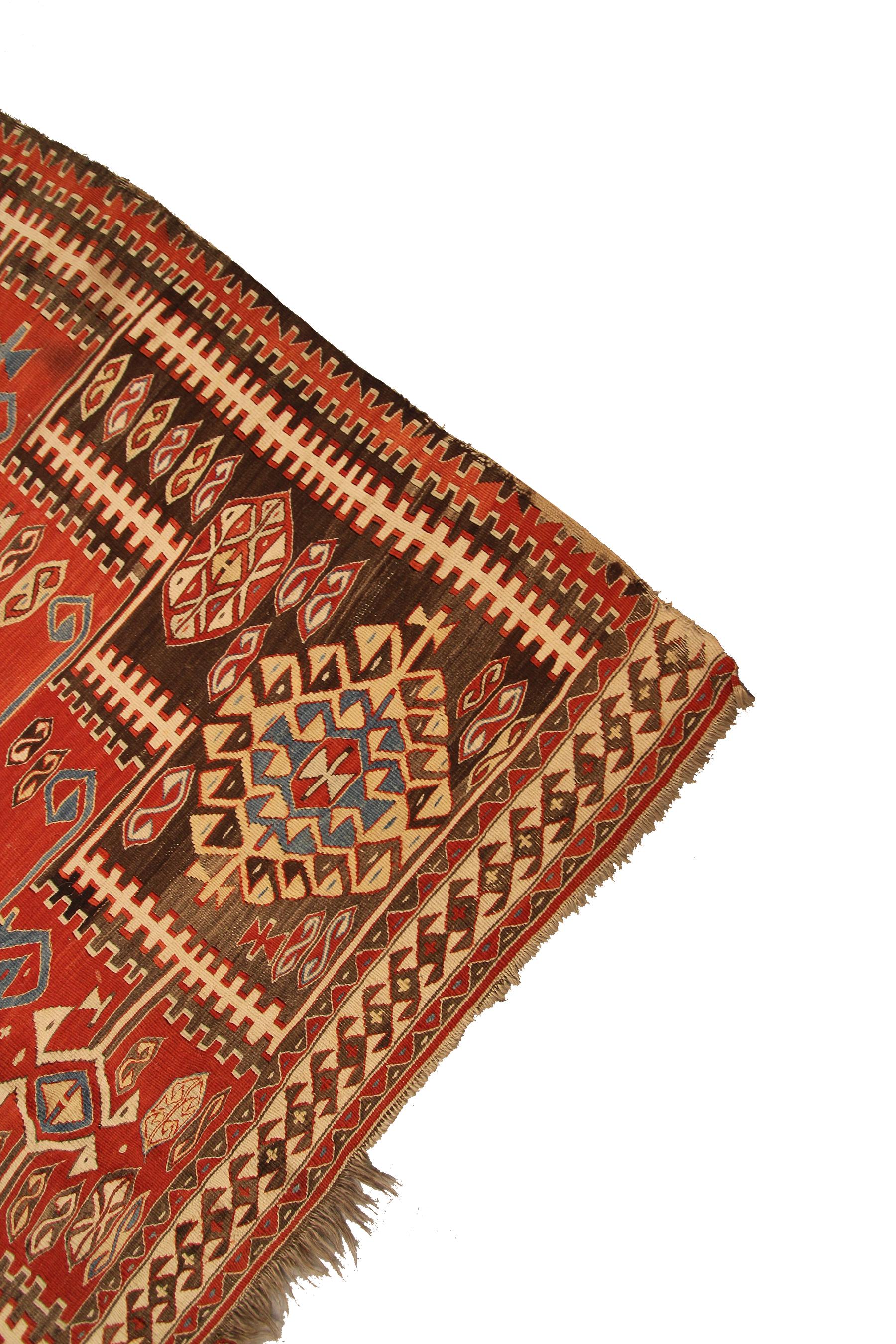 Late 19th Century Antique Caucasian Kilim Caucasian Kazak Flatwoven Square Tapestry