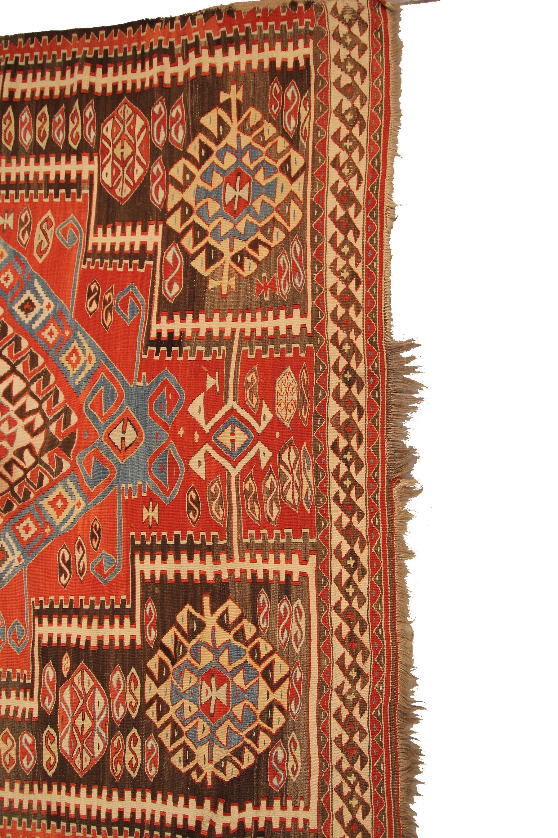 Antiker kaukasischer, flachgewebter, quadratischer Wandteppich aus Kelim, kaukasisch-kaukasisch (Spätes 19. Jahrhundert)