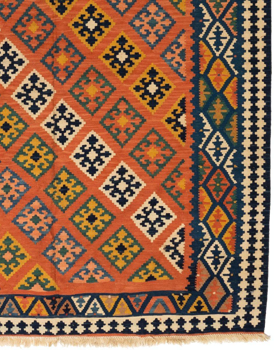 Antique Caucasian Kilim Orange Ivory and Blue Geometric Rug, circa 1940s In Good Condition For Sale In New York, NY