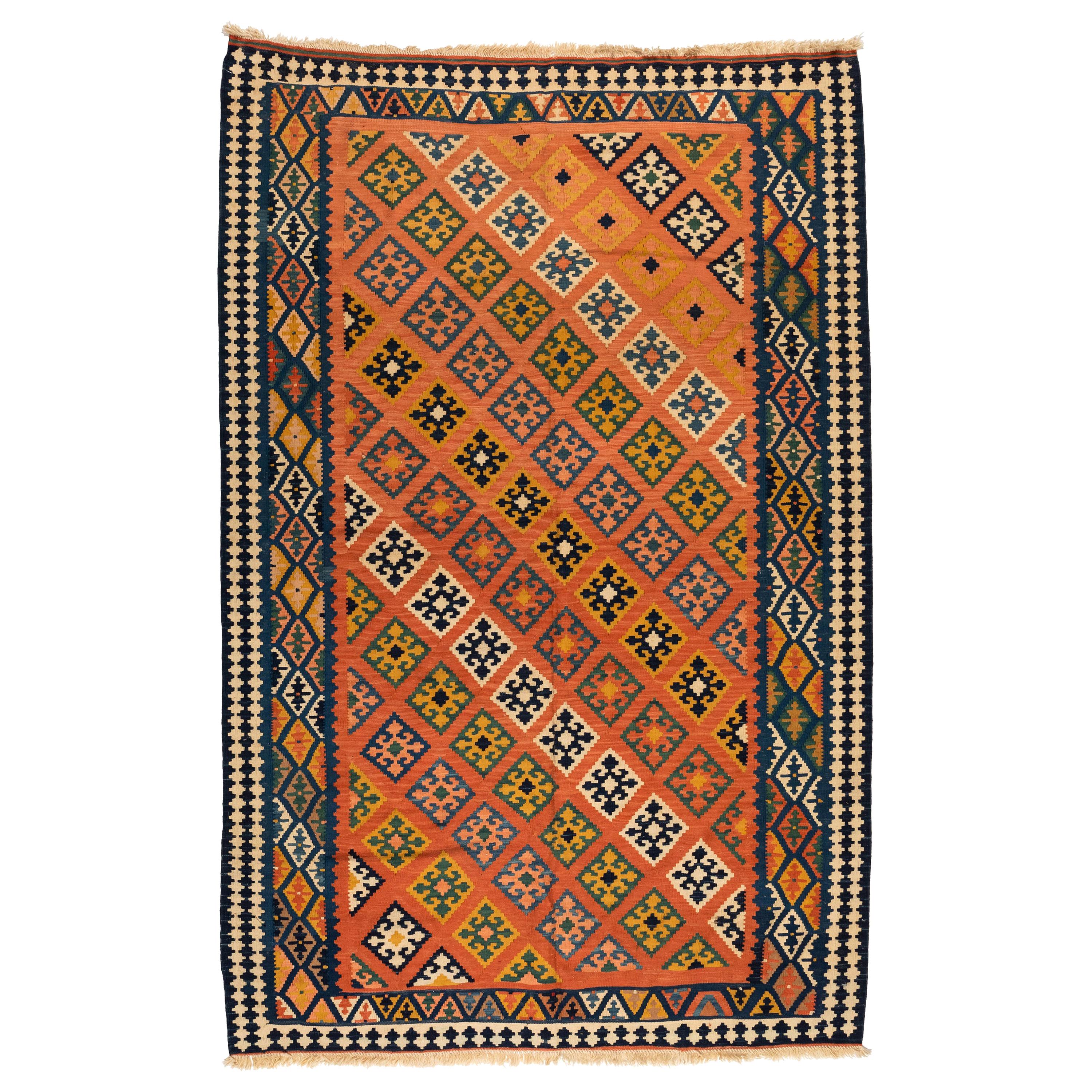 Antiker kaukasischer Kilim Orange Elfenbein und Blau Geometrischer Teppich:: um 1940er Jahre