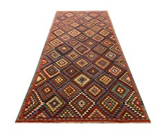 Großer antiker Teppiche Geometrischer Kelim Teppich Kaukasischer Kelims Teppich 153x340cm