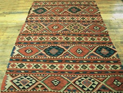 Lovely Colorful Ground & Geometric Design Antique Caucasian Kuba Flat-Weave Rug