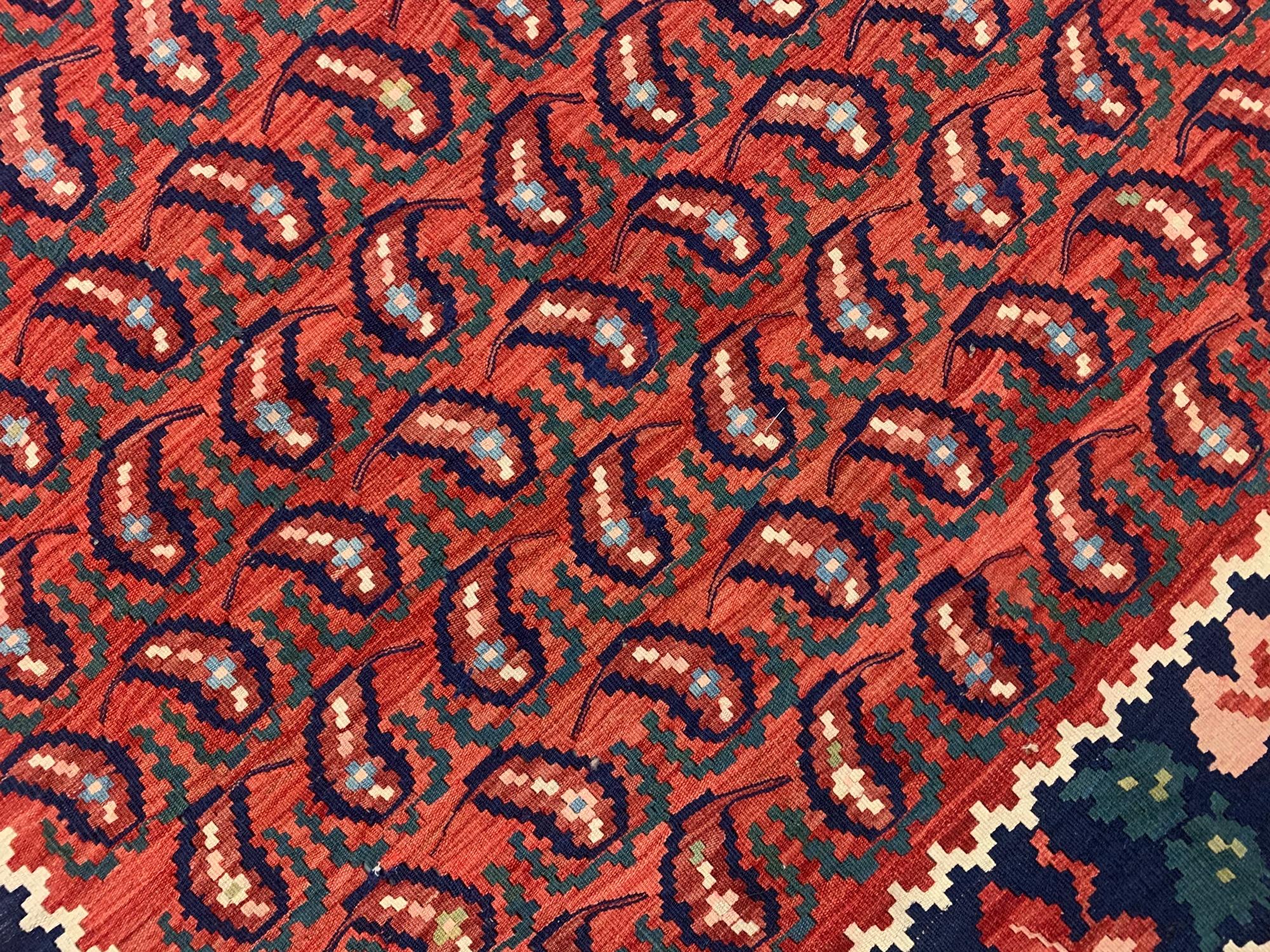 Antique Caucasian Kilim Rug, Red All Over Paisley Pattern Kelim In Excellent Condition For Sale In Wembley, GB