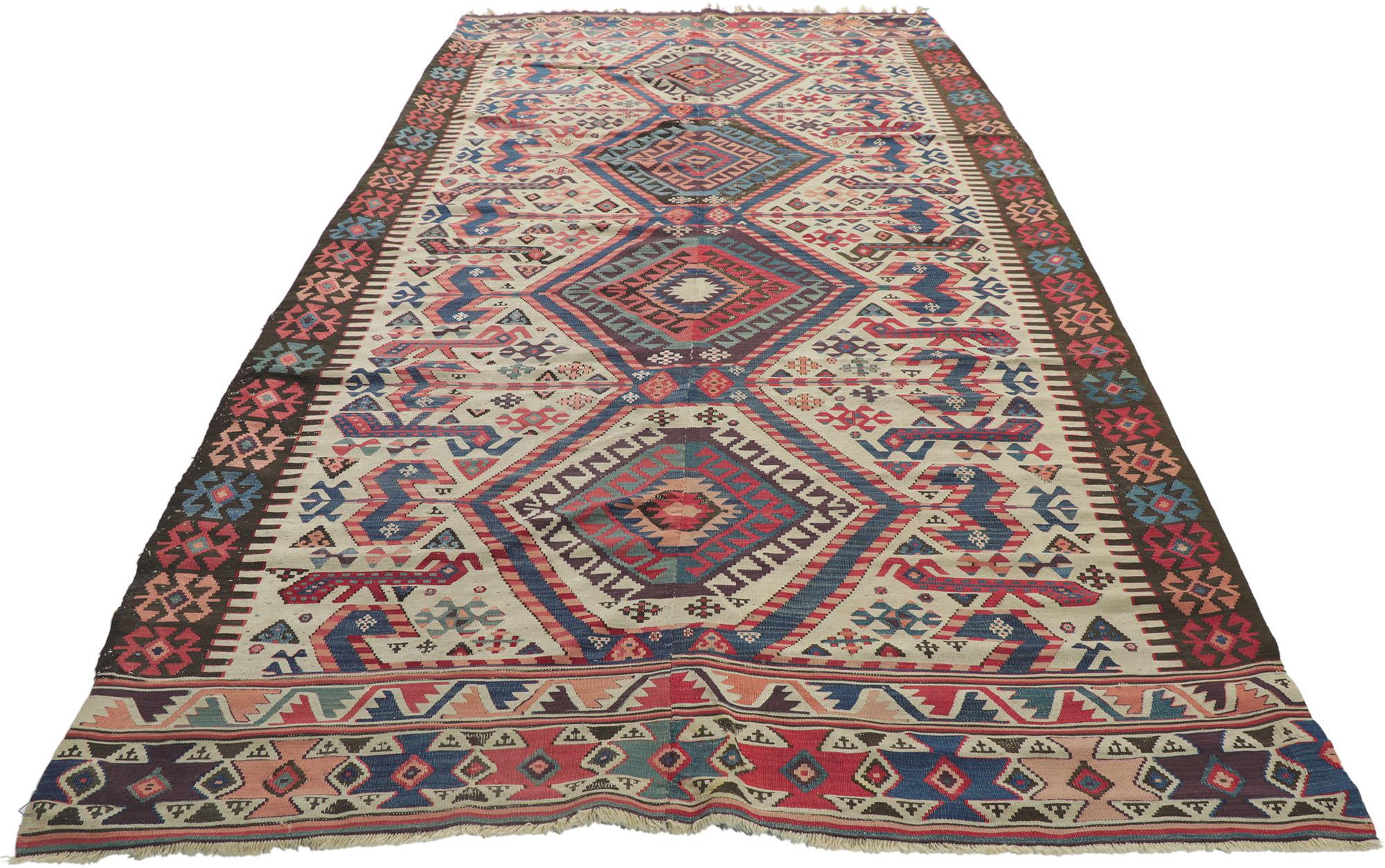 Russian Antique Caucasian Kilim Rug with Tribal Style For Sale