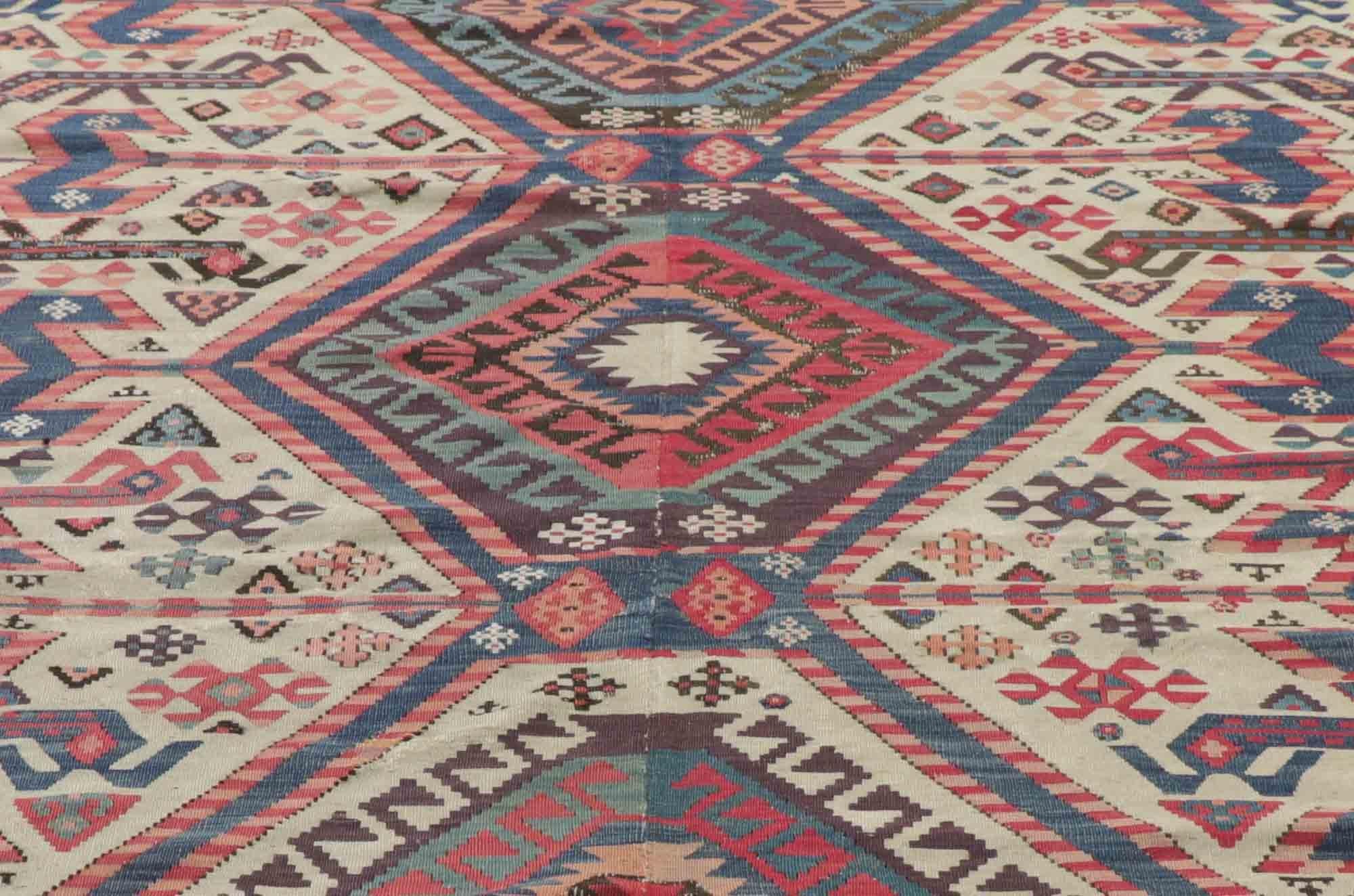 Antique Caucasian Kilim Rug with Tribal Style In Distressed Condition For Sale In Dallas, TX