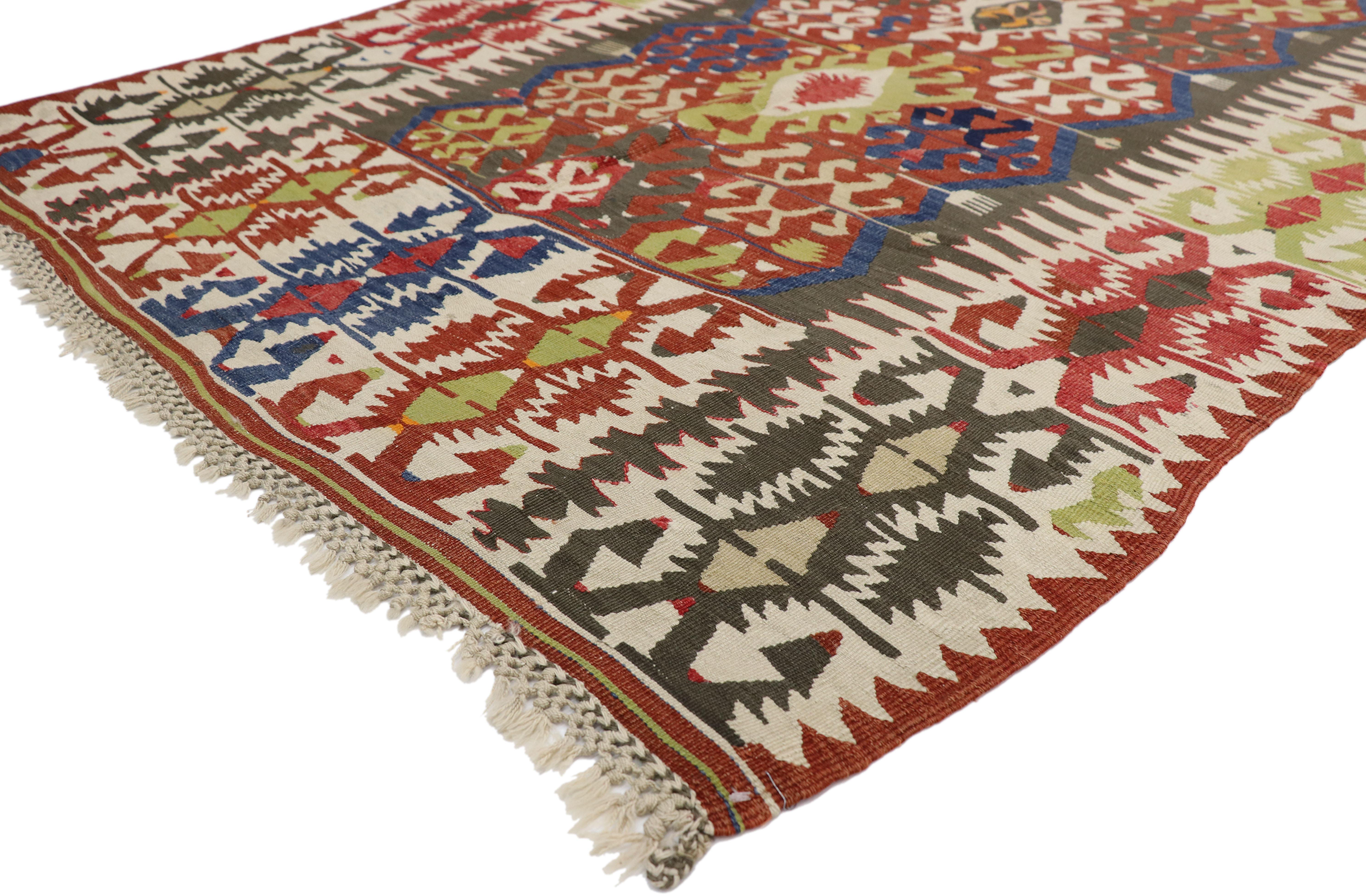 Russian Antique Caucasian Kilim Runner with Tribal Style For Sale