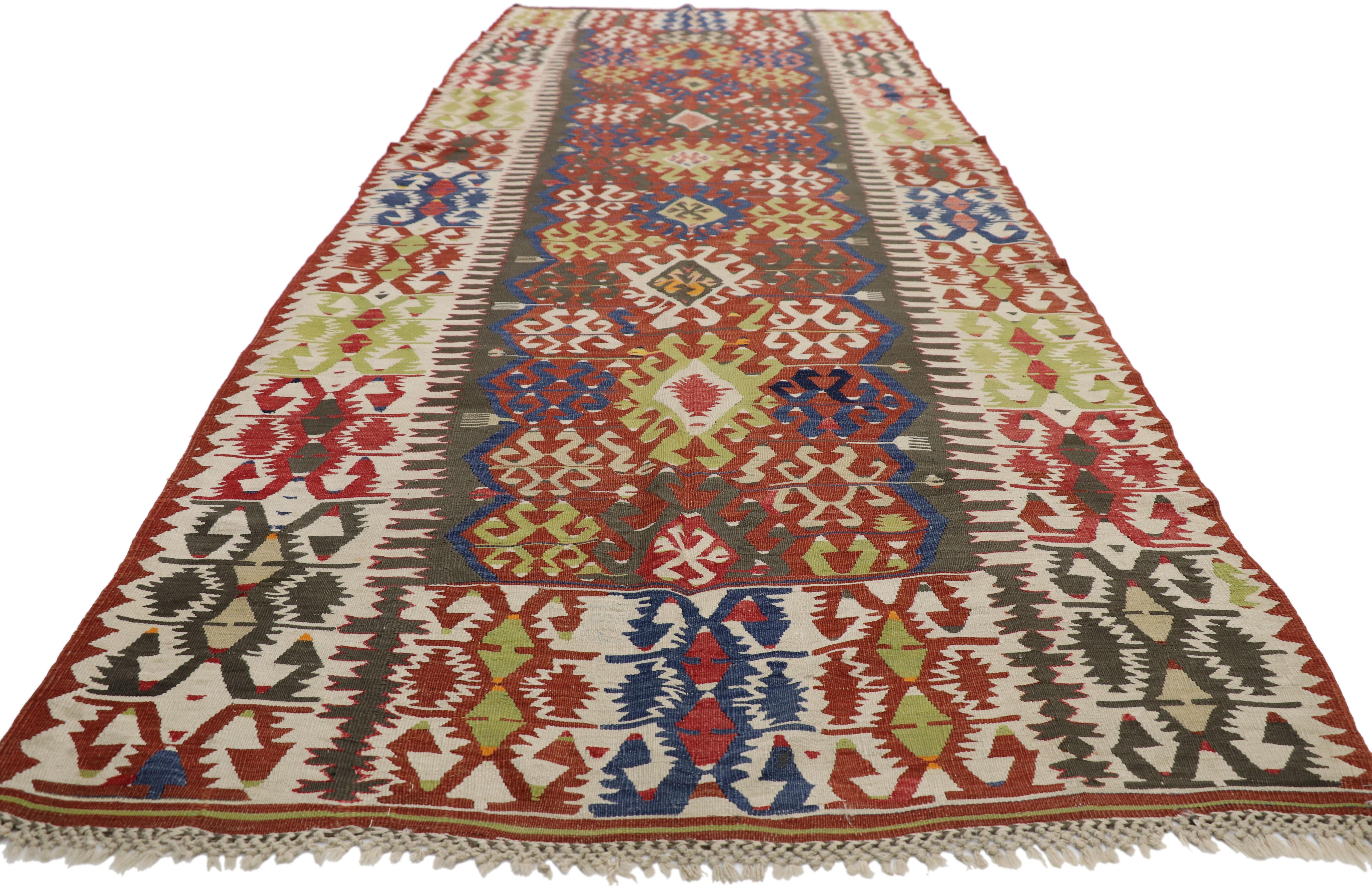 Hand-Woven Antique Caucasian Kilim Runner with Tribal Style For Sale