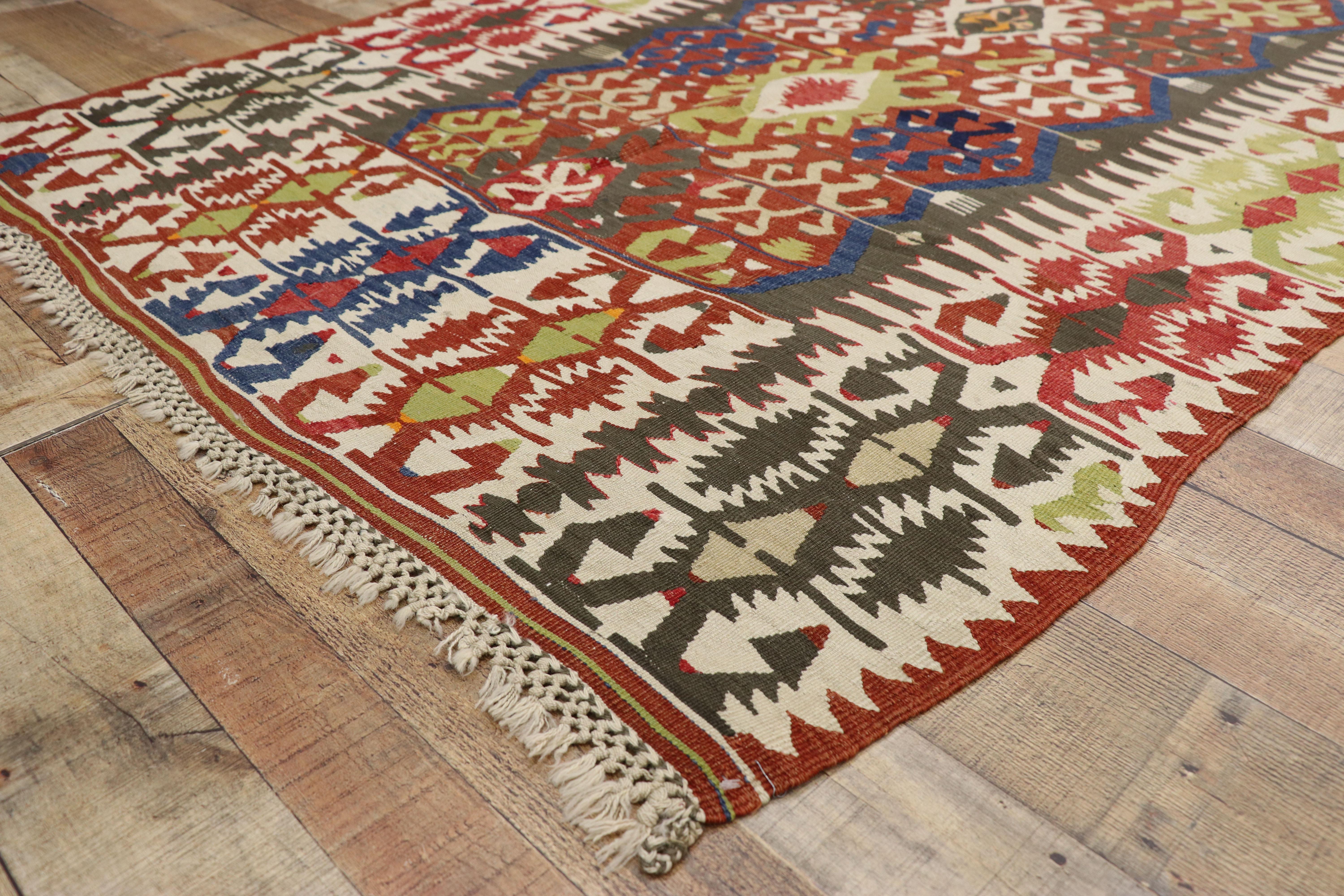 Wool Antique Caucasian Kilim Runner with Tribal Style For Sale