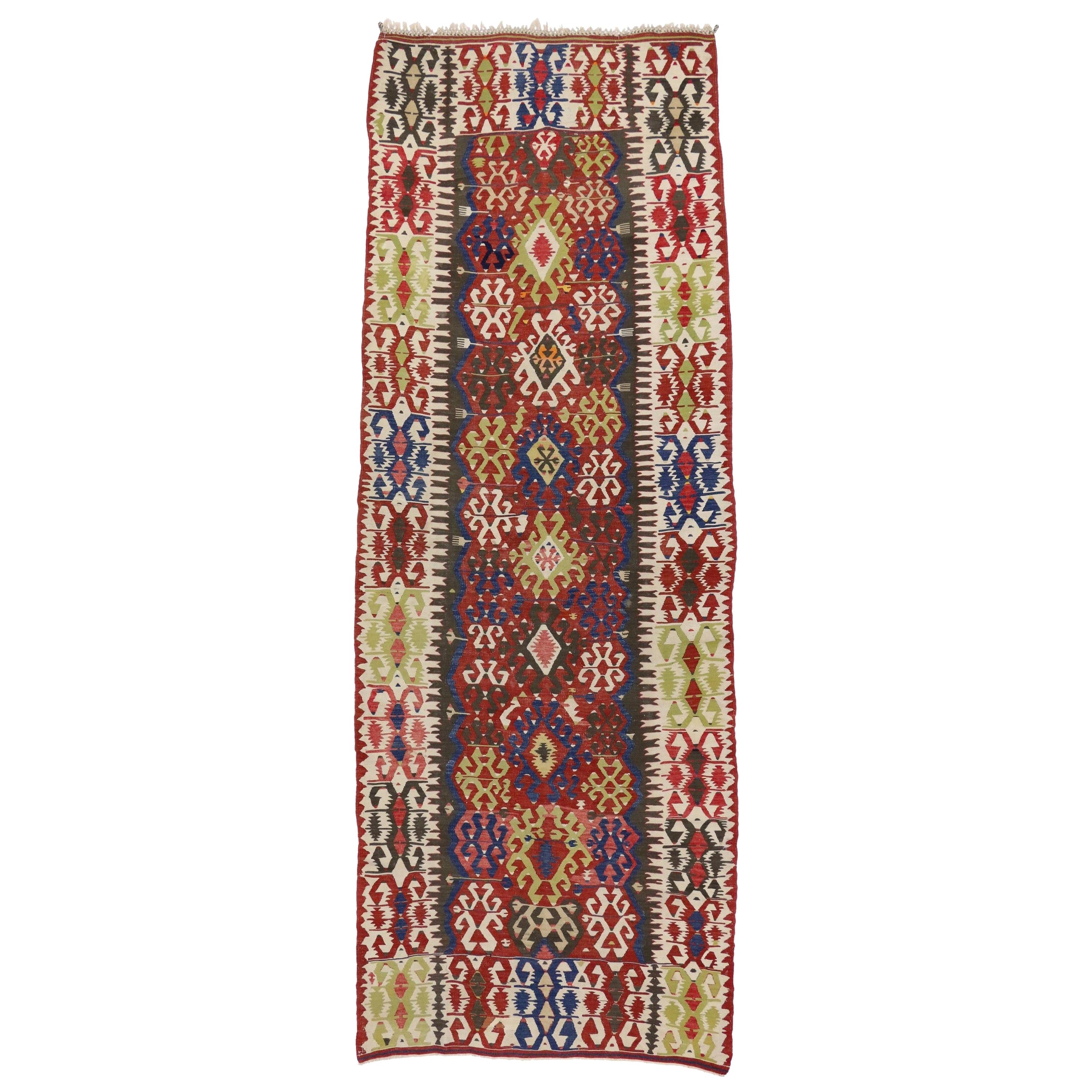 Antique Caucasian Kilim Runner with Tribal Style