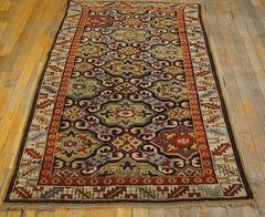 1870s Black Brown Blue Red Antique Caucasian Alpan Kuba Rug 3'2" x 5'4" Carpet