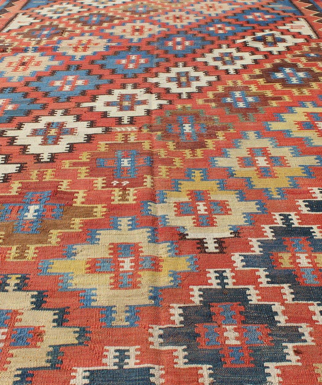 Antique Caucasian Kuba Kilim with All-Over Diamond Design in Rust & Blue Colors For Sale 3