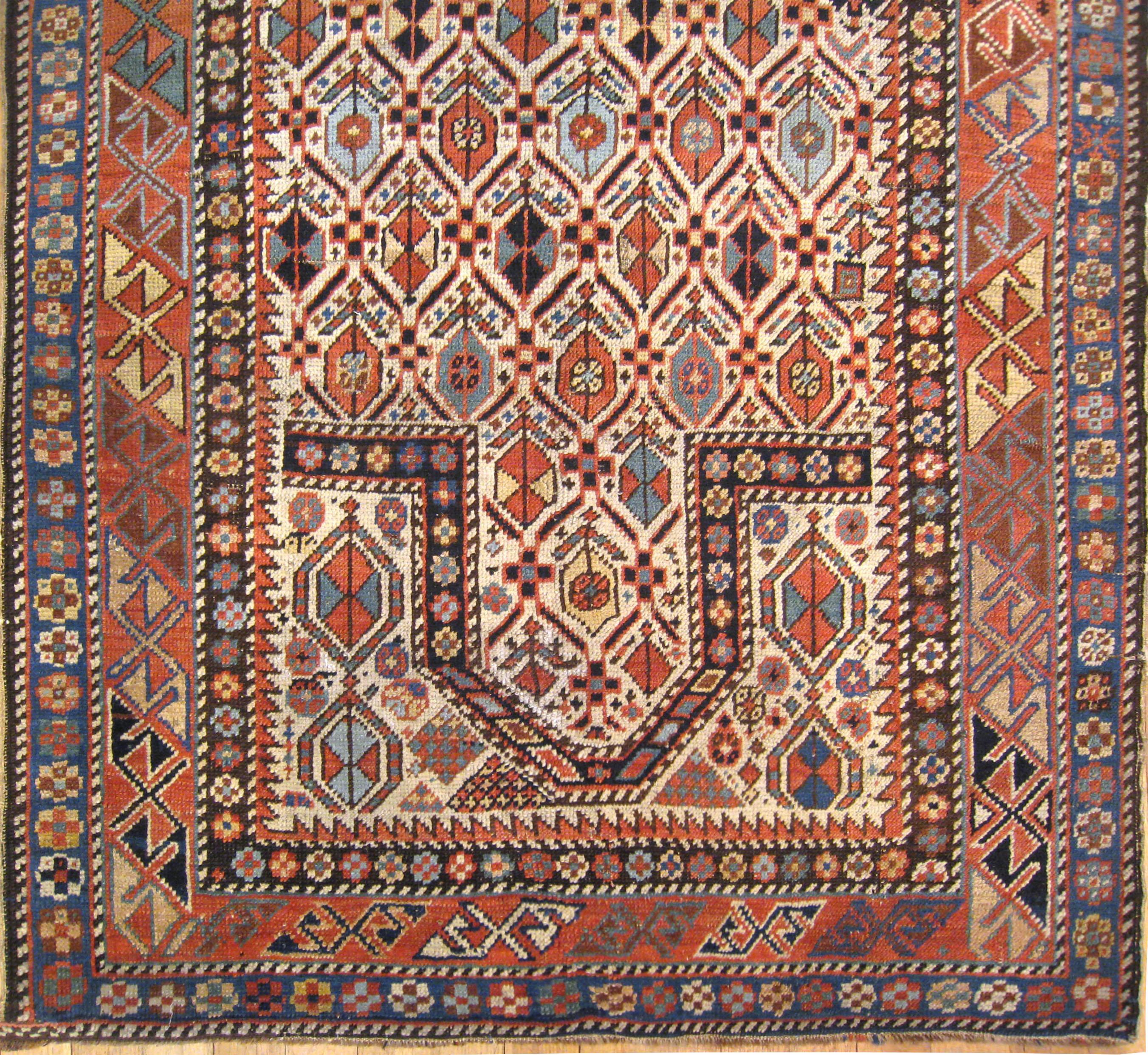 Hand-Knotted Antique Caucasian Kuba Meditation Rug, Small Size, w/ Ivory Field & Prayer Arch