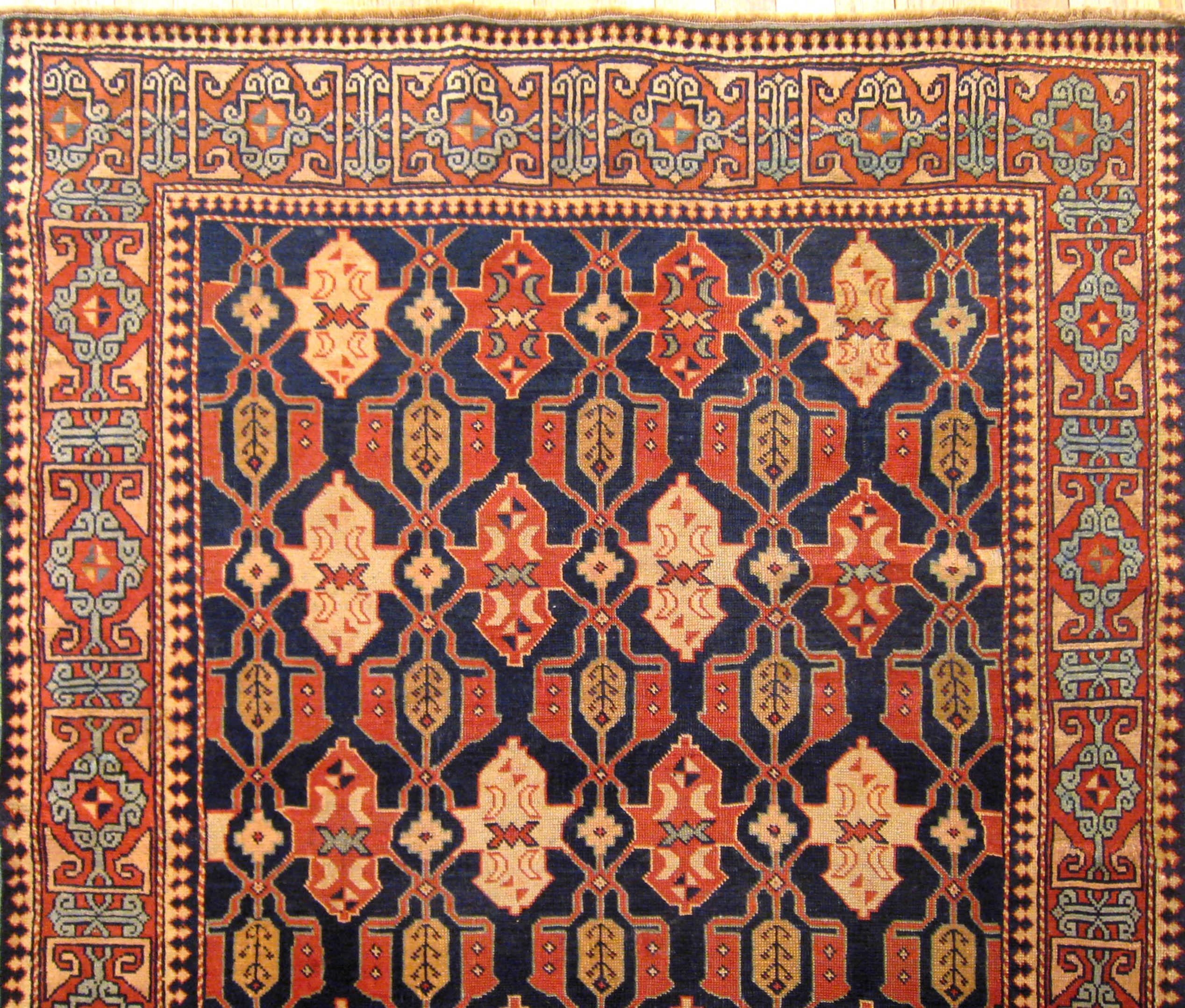 Antique Caucasian Kuba Oriental Rug in Small Size with Repeat Design, Blue Field In Good Condition In New York, NY