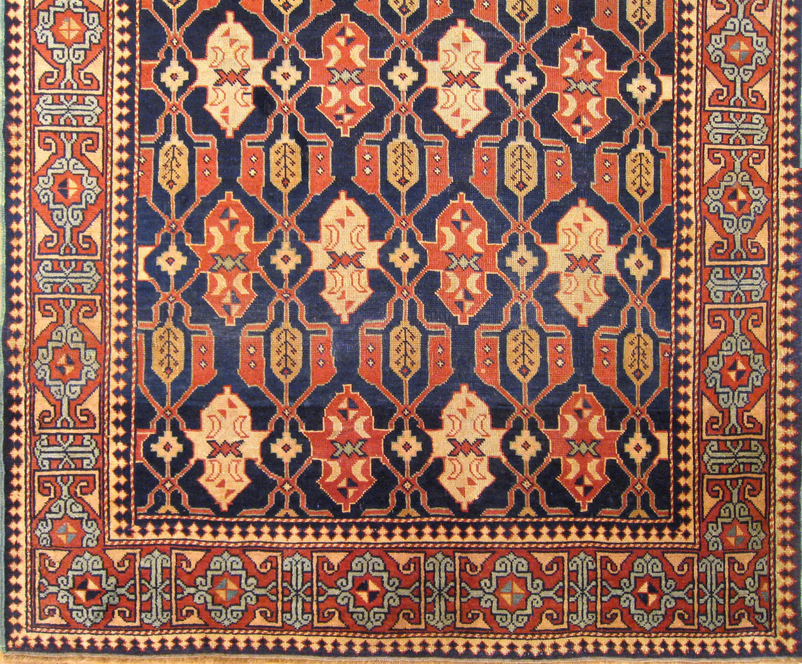 Hand-Knotted Antique Caucasian Kuba Oriental Rug in Small Size with Repeat Design, Blue Field