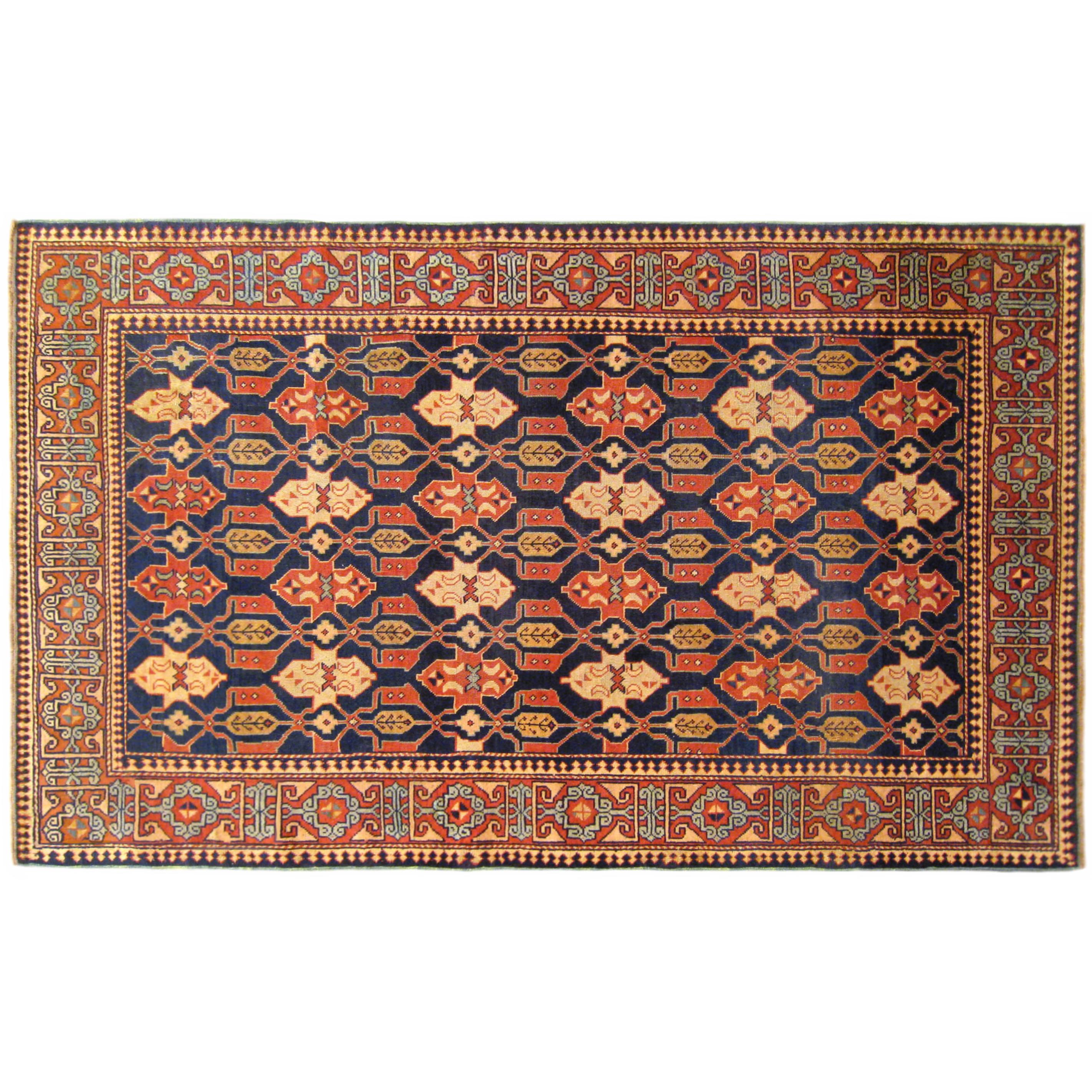 Antique Caucasian Kuba Oriental Rug in Small Size with Repeat Design, Blue Field