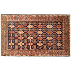 Antique Caucasian Kuba Oriental Rug in Small Size with Repeat Design, Blue Field