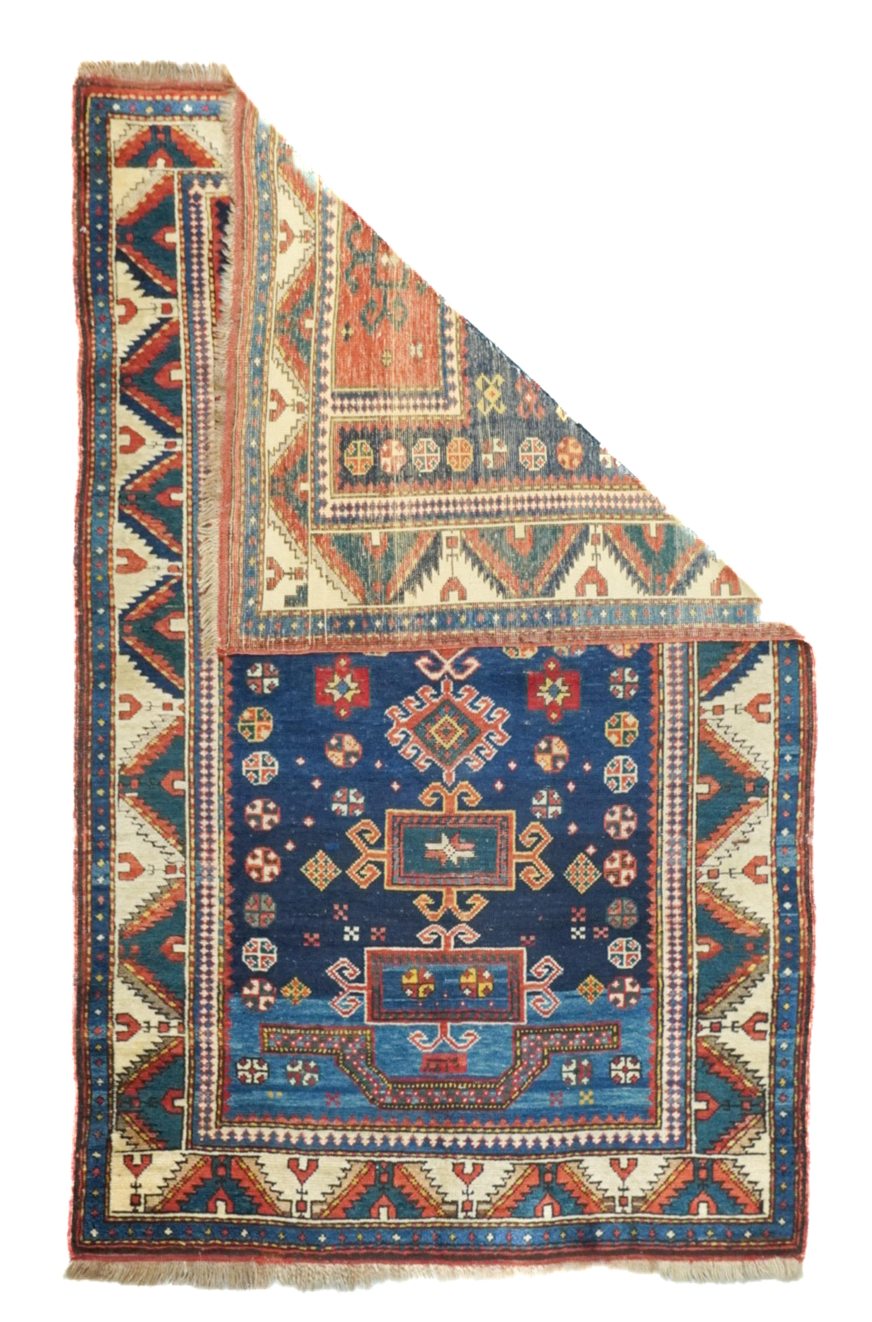 Antique Caucasian Kuba Rug 3'7'' x 5'8''.  Azeri Turks inhabit the Kuba area of the central west Caspian Caucasus and weave a wide variety of geometric scatters, runners, long rugs and niche (prayer) pieces, in geometric allover and medallion