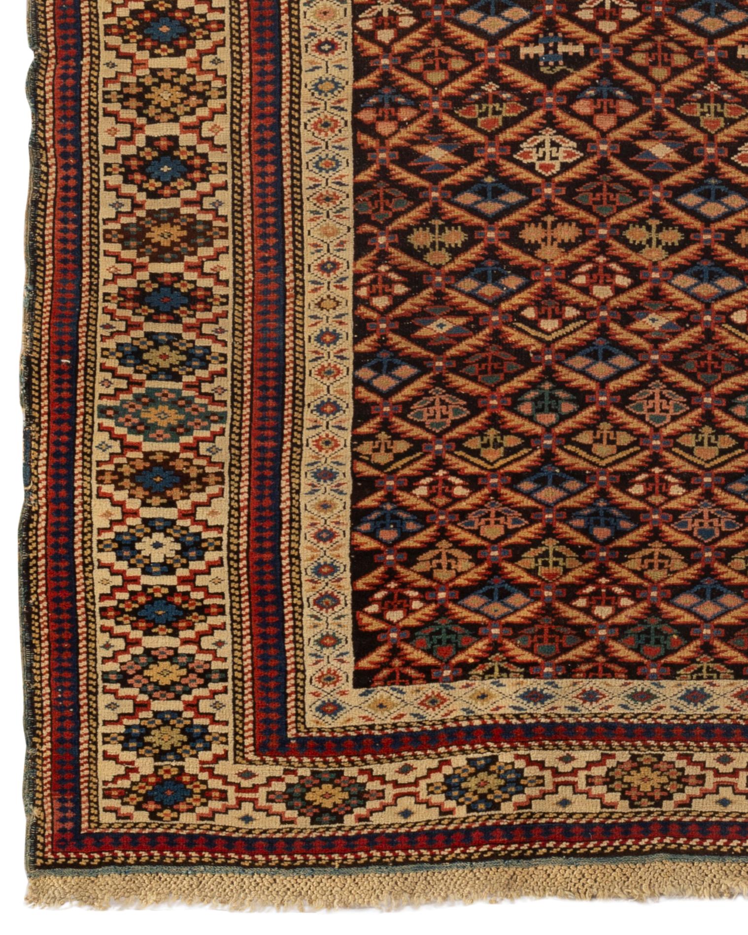 Antique Caucasian Kuba rug, circa 1880. From Eastern Caucasia a handwoven antique Kuba rug the Caucasus mountains, between Persia and Russia are justly famous for their colorful, geometric antique scatter rugs and this is a Fine example. The detail