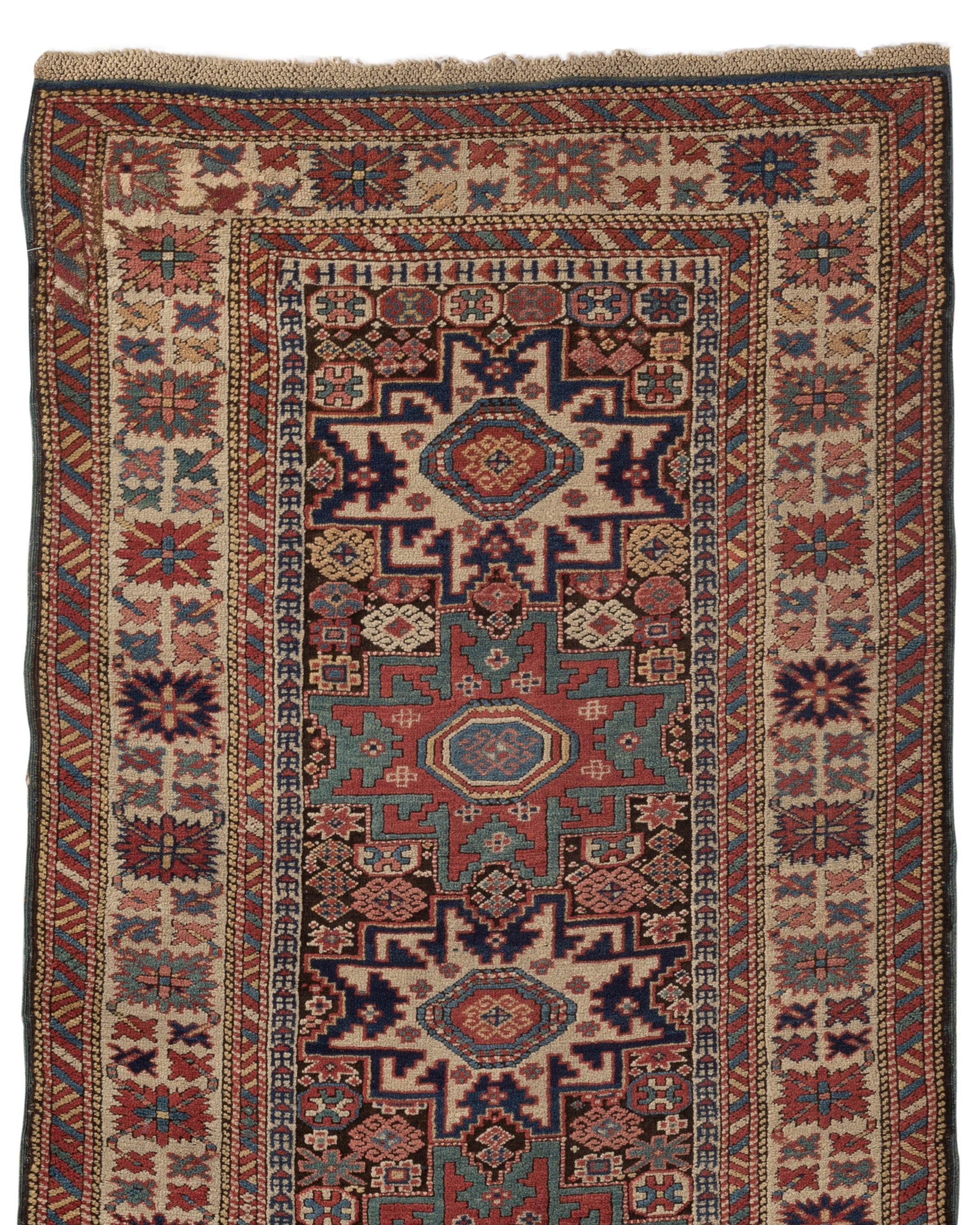 Antique Caucasian Kuba rug, circa 1880. From eastern Caucasia a handwoven antique Kuba rug the Caucasus Mountains, between Persia and Russia are justly famous for their colorful, geometric antique scatter rugs and this is a fine example. The detail